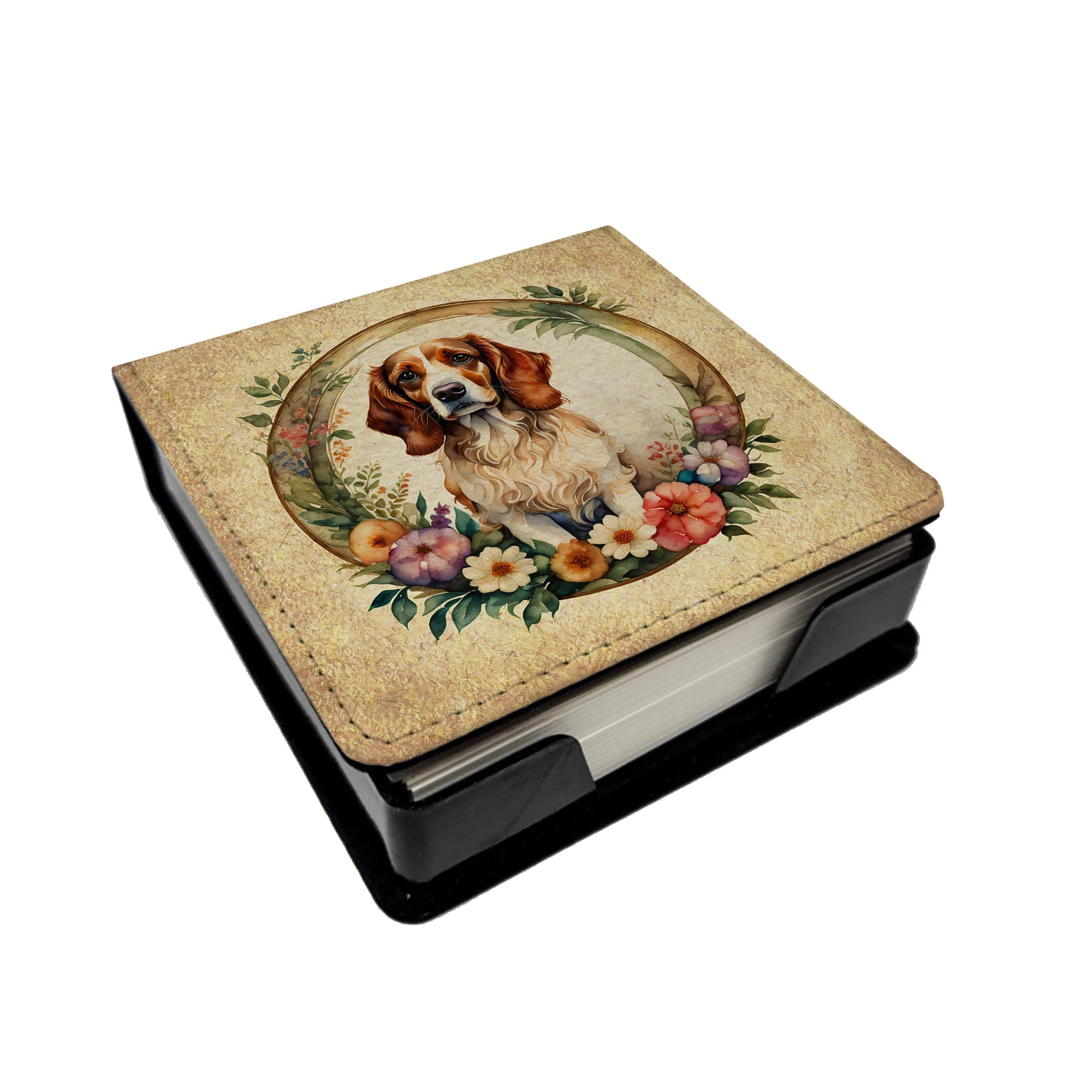 Brittany Spaniel and Flowers PU Leather Note Paper Holder with Artist-Designed Cover, Desk Accessory, Office Gift