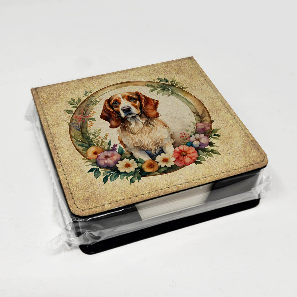 Brittany Spaniel and Flowers PU Leather Note Paper Holder with Artist-Designed Cover, Desk Accessory, Office Gift