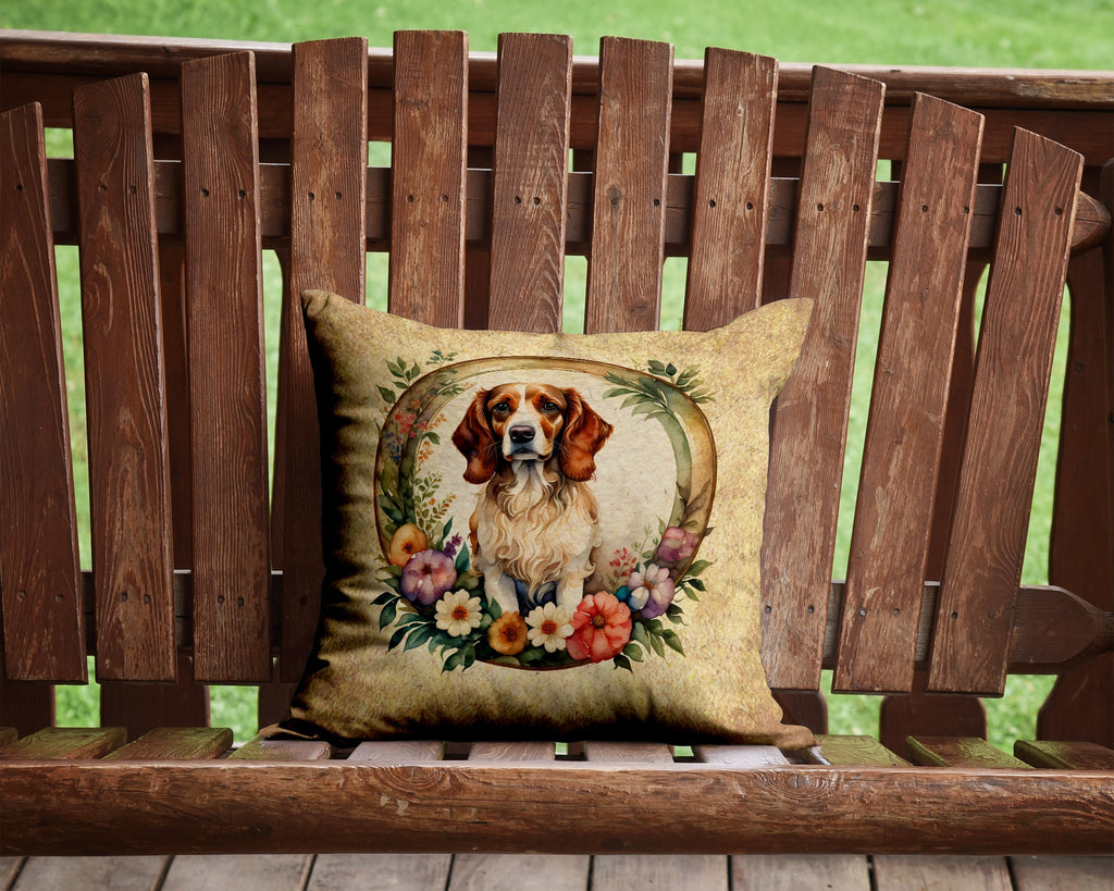 Brittany Spaniel and Flowers Decorative Throw Pillow 14x14 Indoor Outdoor Accent Cushion, Fabric Cover with Insert for Sofa, Bed, Porch & Living Room