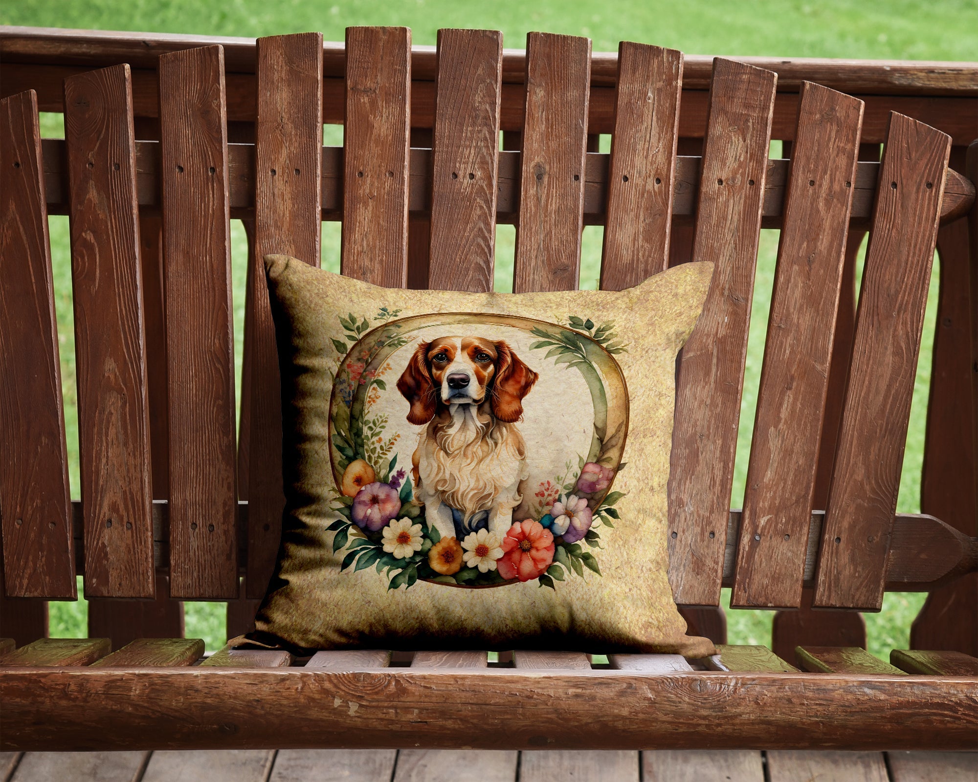 Brittany Spaniel and Flowers Decorative Throw Pillow 14x14 Indoor Outdoor Accent Cushion, Fabric Cover with Insert for Sofa, Bed, Porch & Living Room