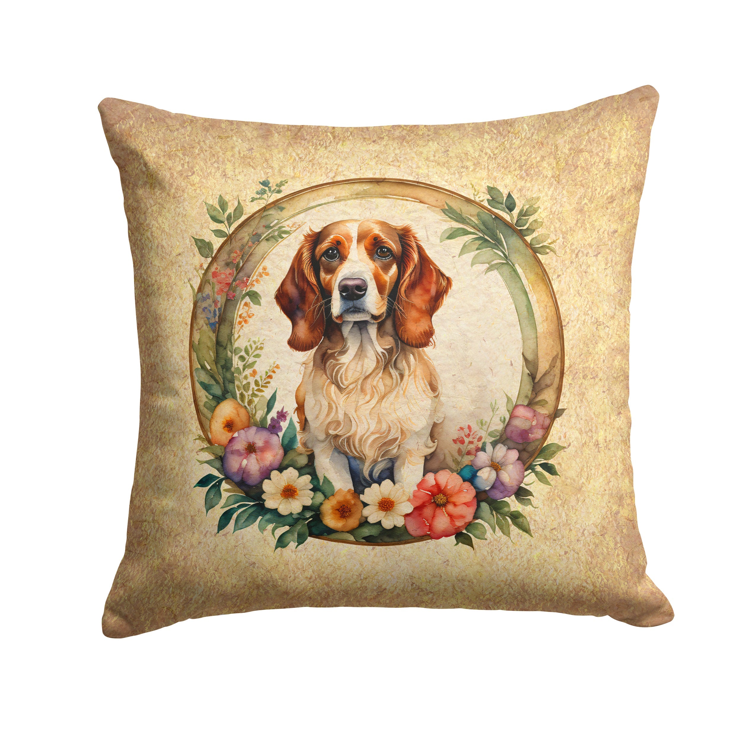 Brittany Spaniel and Flowers Decorative Throw Pillow 18x18 Indoor Outdoor Accent Cushion, Fabric Cover with Insert for Sofa, Bed, Porch & Living Room