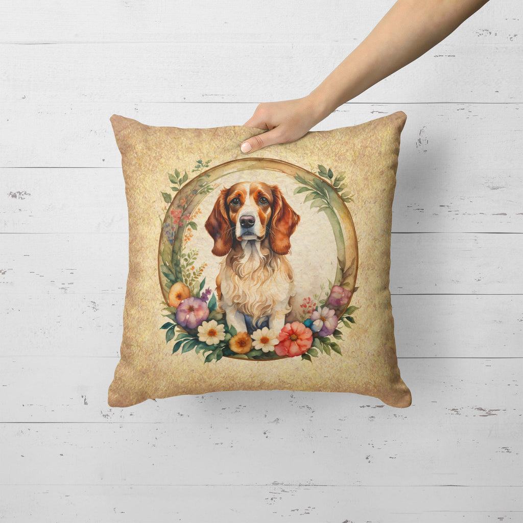 Brittany Spaniel and Flowers Decorative Throw Pillow 18x18 Indoor Outdoor Accent Cushion, Fabric Cover with Insert for Sofa, Bed, Porch & Living Room