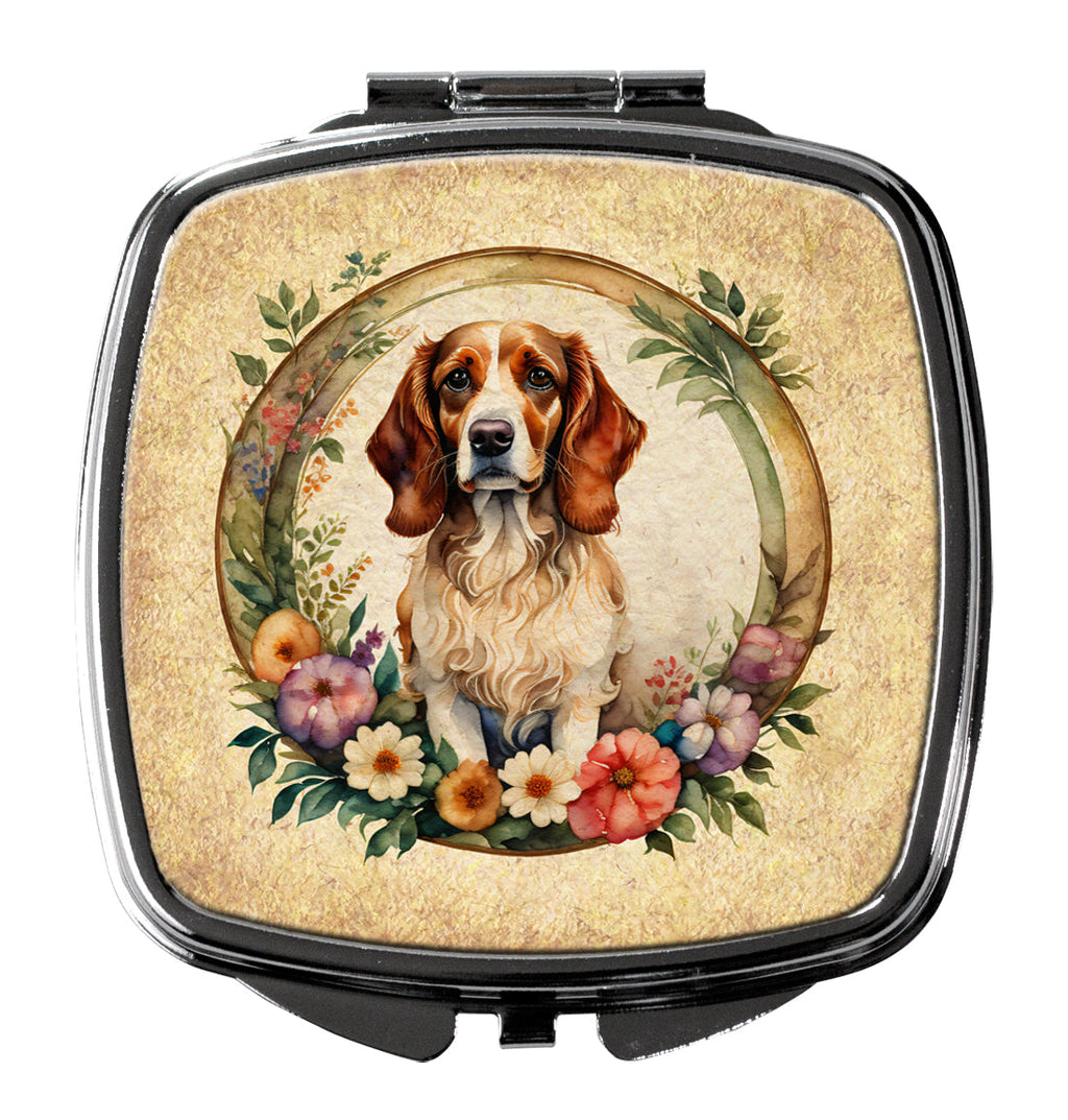 Brittany Spaniel and Flowers Compact Mirror Decorative Travel Makeup Mirror for Women Girls Gifts Pocket Makeup Mirror Folding Handheld