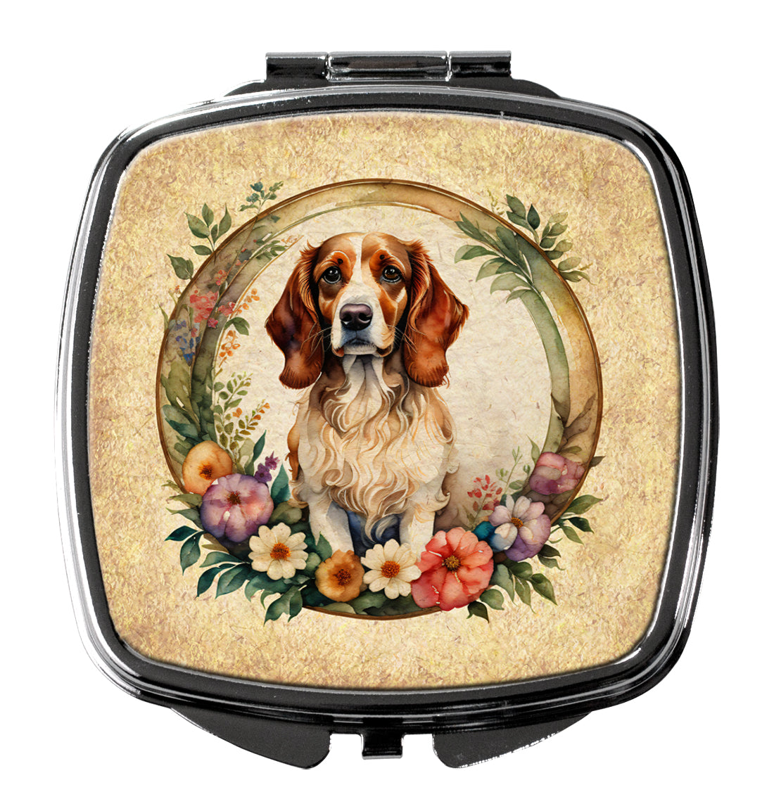 Brittany Spaniel and Flowers Compact Mirror Decorative Travel Makeup Mirror for Women Girls Gifts Pocket Makeup Mirror Folding Handheld