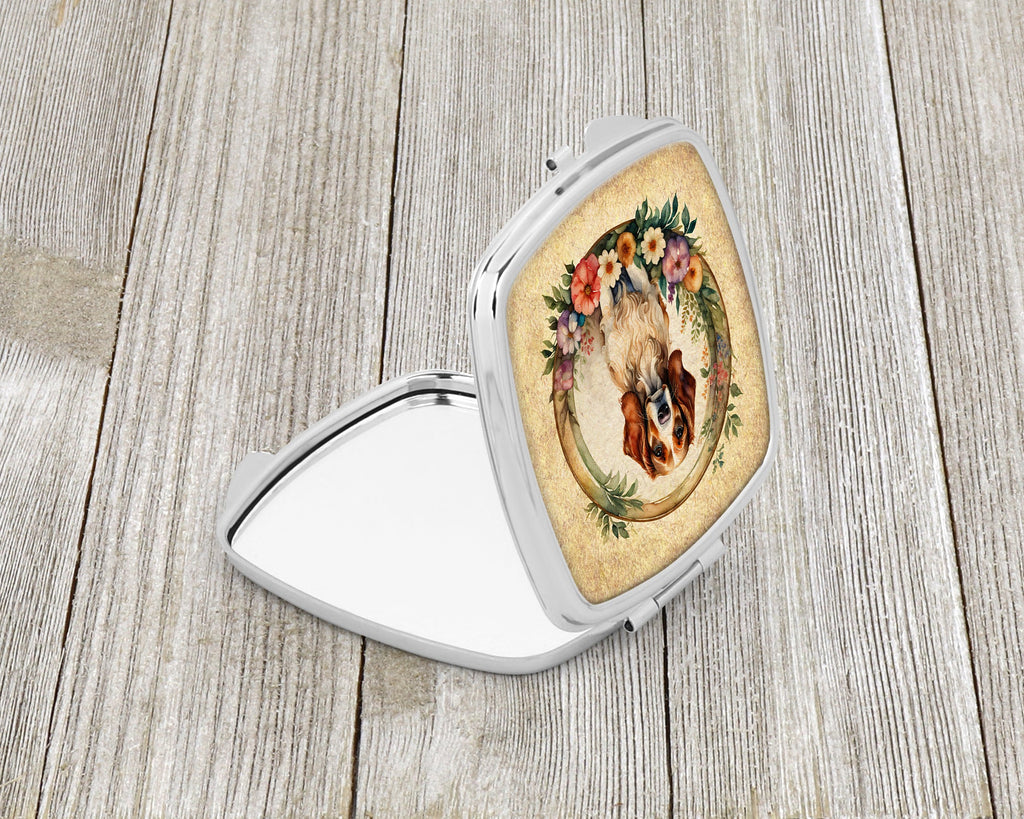 Brittany Spaniel and Flowers Compact Mirror Decorative Travel Makeup Mirror for Women Girls Gifts Pocket Makeup Mirror Folding Handheld