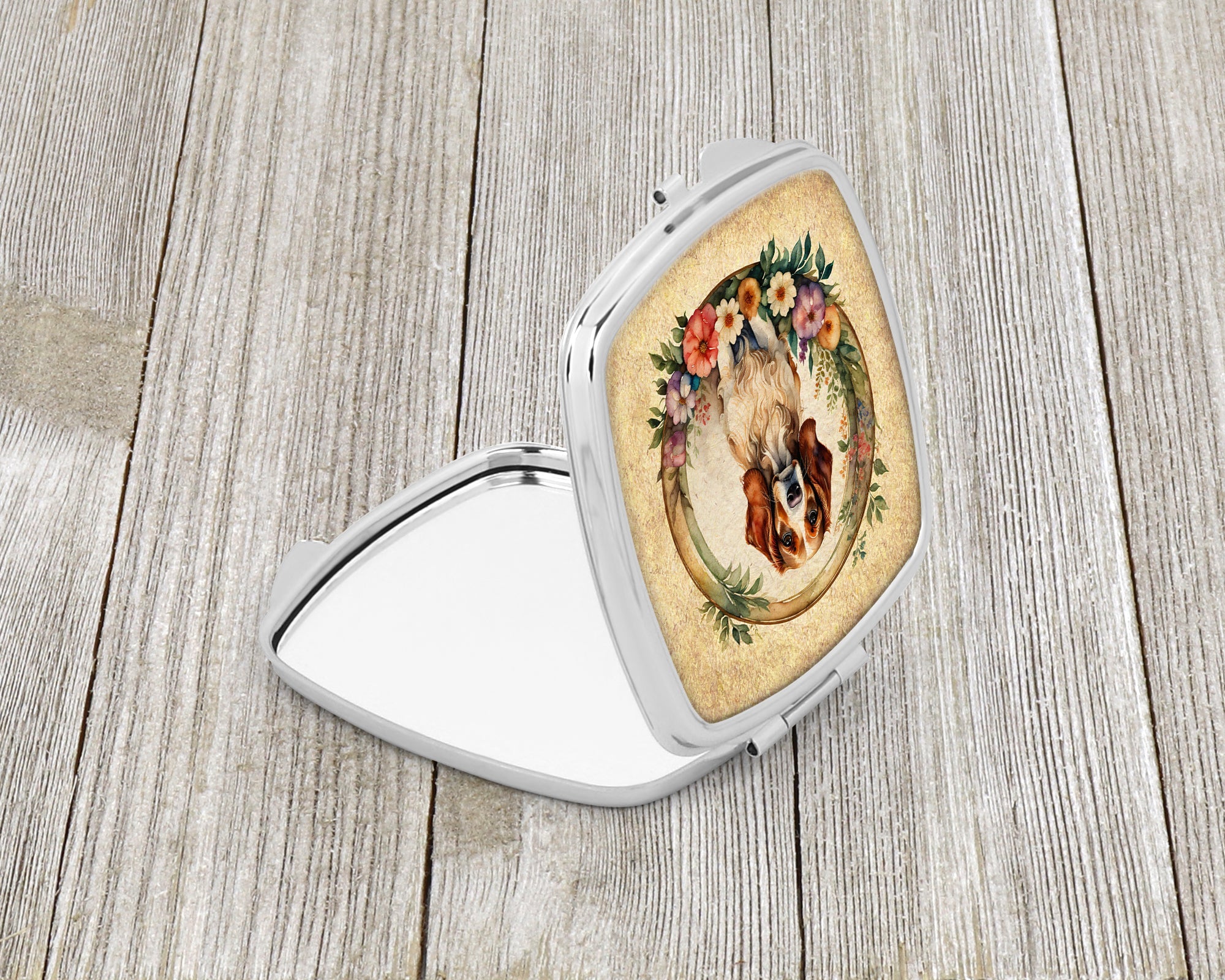 Brittany Spaniel and Flowers Compact Mirror Decorative Travel Makeup Mirror for Women Girls Gifts Pocket Makeup Mirror Folding Handheld