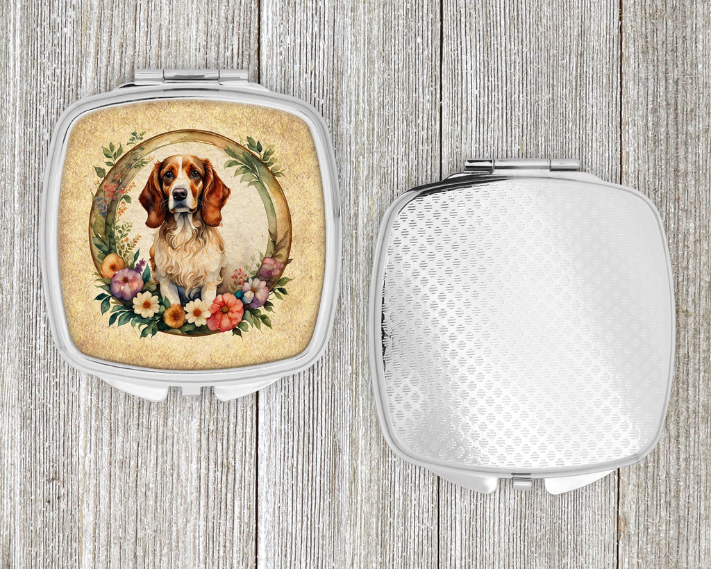 Brittany Spaniel and Flowers Compact Mirror Decorative Travel Makeup Mirror for Women Girls Gifts Pocket Makeup Mirror Folding Handheld