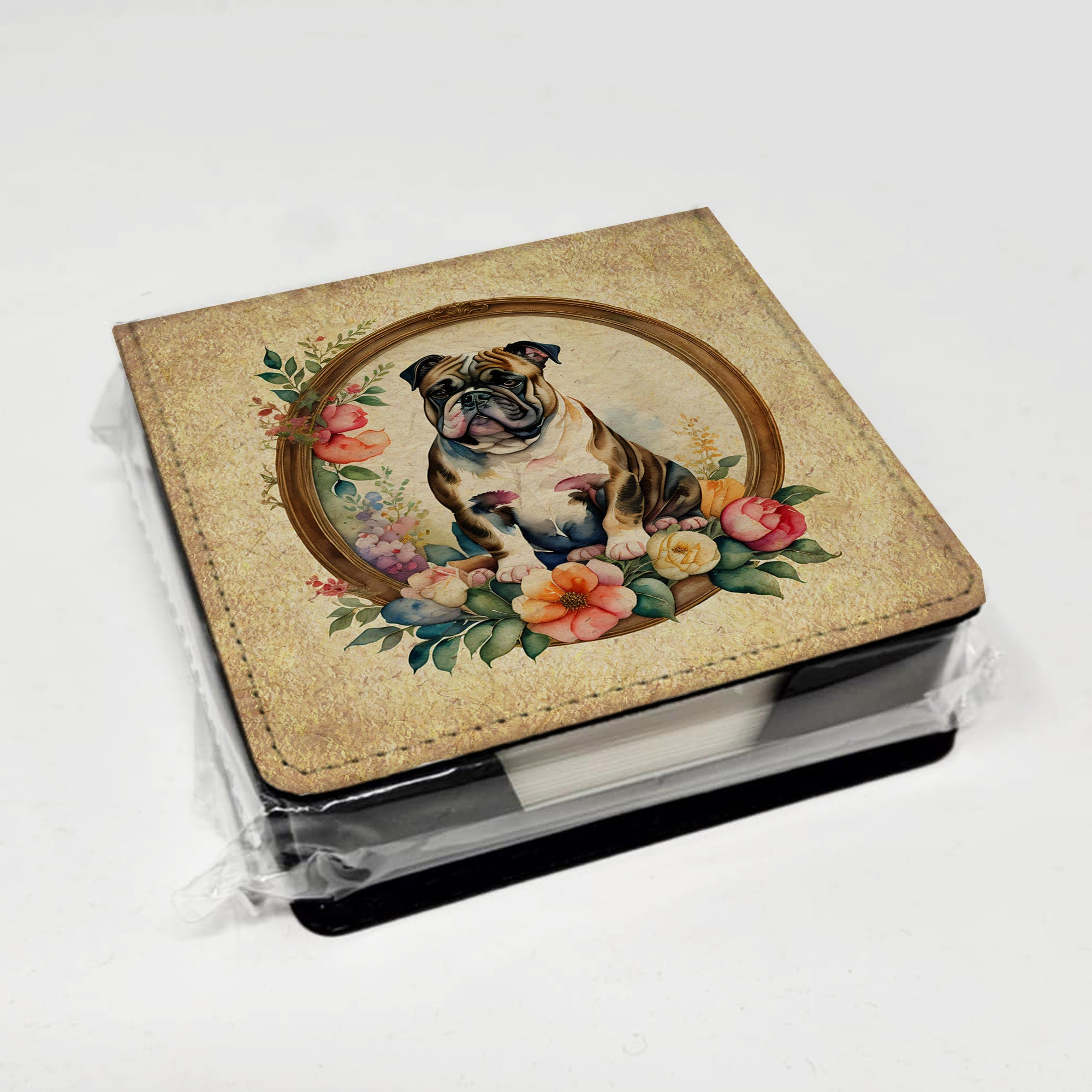 English Bulldog and Flowers PU Leather Note Paper Holder with Artist-Designed Cover, Desk Accessory, Office Gift