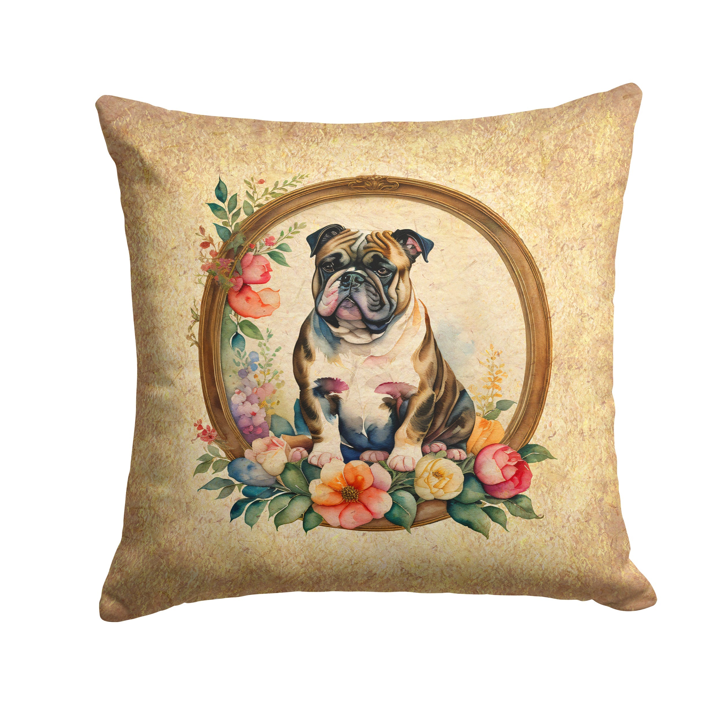 English Bulldog and Flowers Decorative Throw Pillow 14x14 Indoor Outdoor Accent Cushion, Fabric Cover with Insert for Sofa, Bed, Porch & Living Room