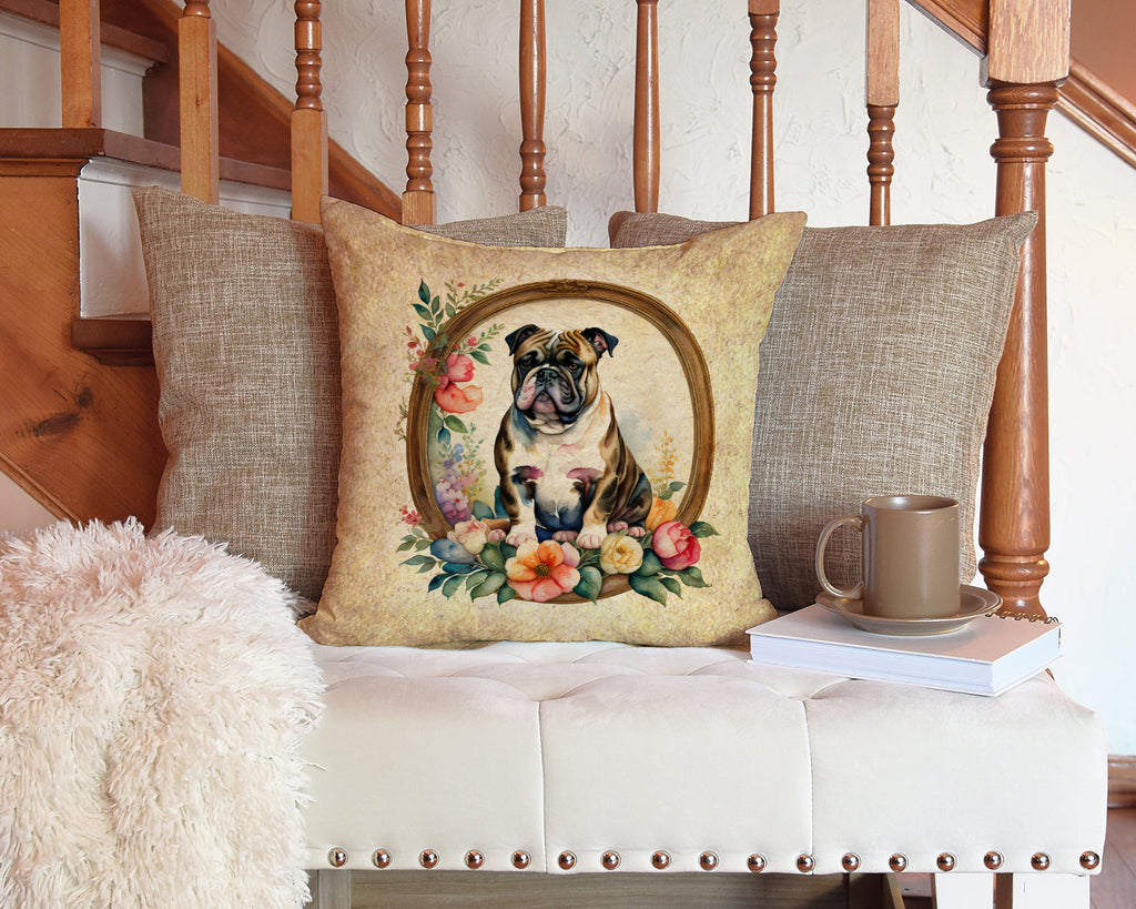 English Bulldog and Flowers Decorative Throw Pillow 14x14 Indoor Outdoor Accent Cushion, Fabric Cover with Insert for Sofa, Bed, Porch & Living Room