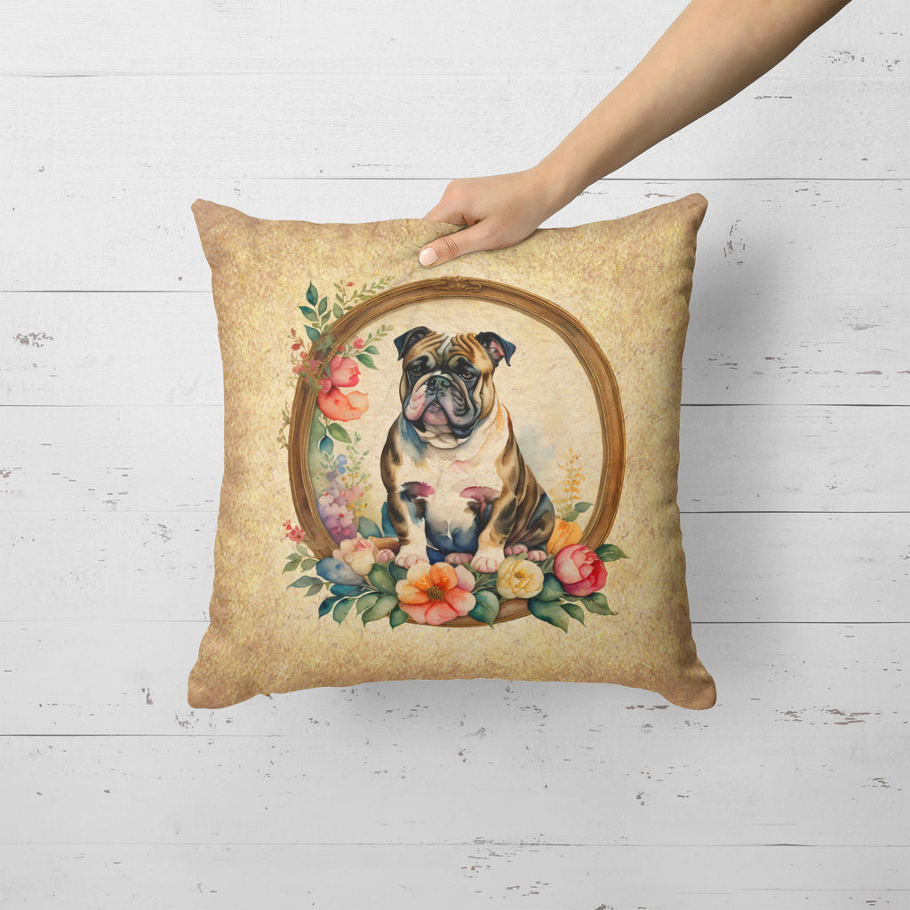English Bulldog and Flowers Decorative Throw Pillow 18x18 Indoor Outdoor Accent Cushion, Fabric Cover with Insert for Sofa, Bed, Porch & Living Room