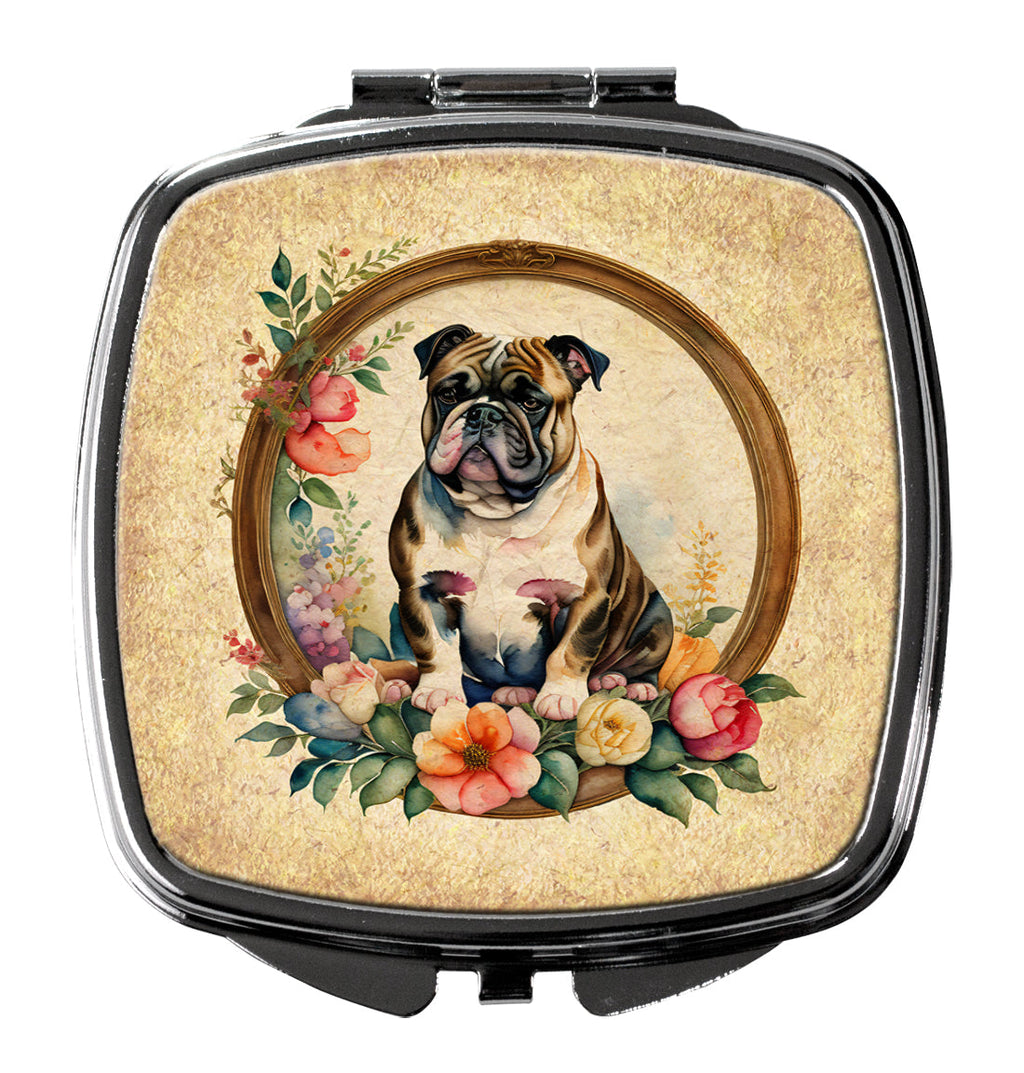English Bulldog and Flowers Compact Mirror Decorative Travel Makeup Mirror for Women Girls Gifts Pocket Makeup Mirror Folding Handheld