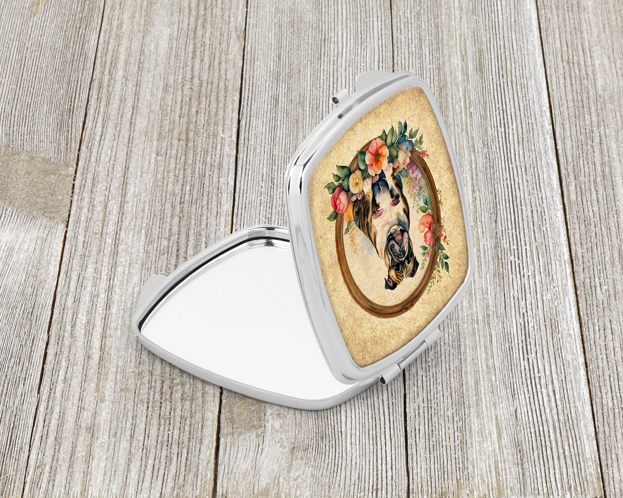 English Bulldog and Flowers Compact Mirror Decorative Travel Makeup Mirror for Women Girls Gifts Pocket Makeup Mirror Folding Handheld