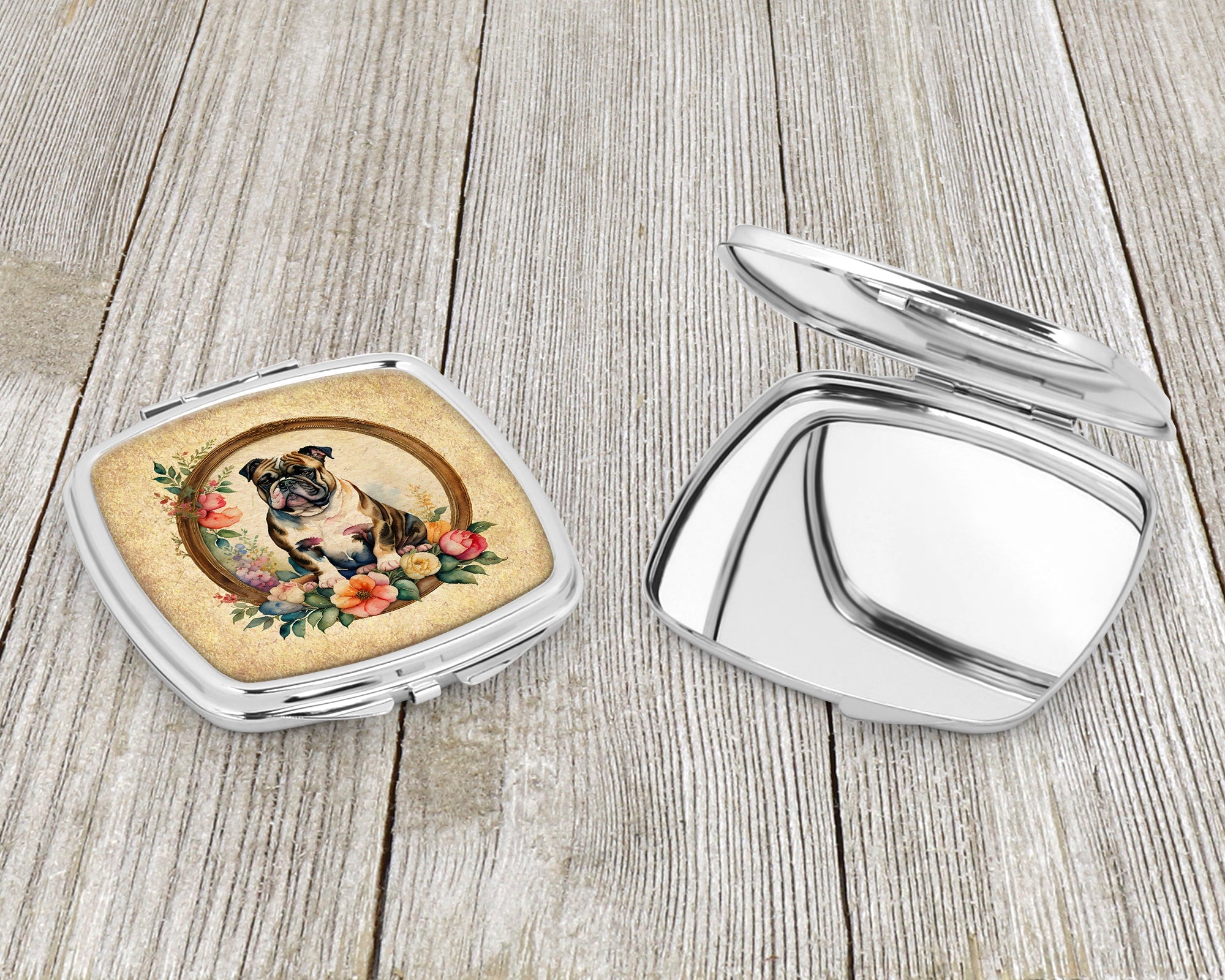 English Bulldog and Flowers Compact Mirror Decorative Travel Makeup Mirror for Women Girls Gifts Pocket Makeup Mirror Folding Handheld