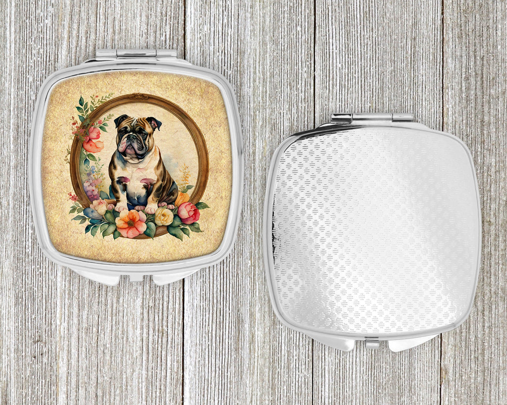 English Bulldog and Flowers Compact Mirror Decorative Travel Makeup Mirror for Women Girls Gifts Pocket Makeup Mirror Folding Handheld