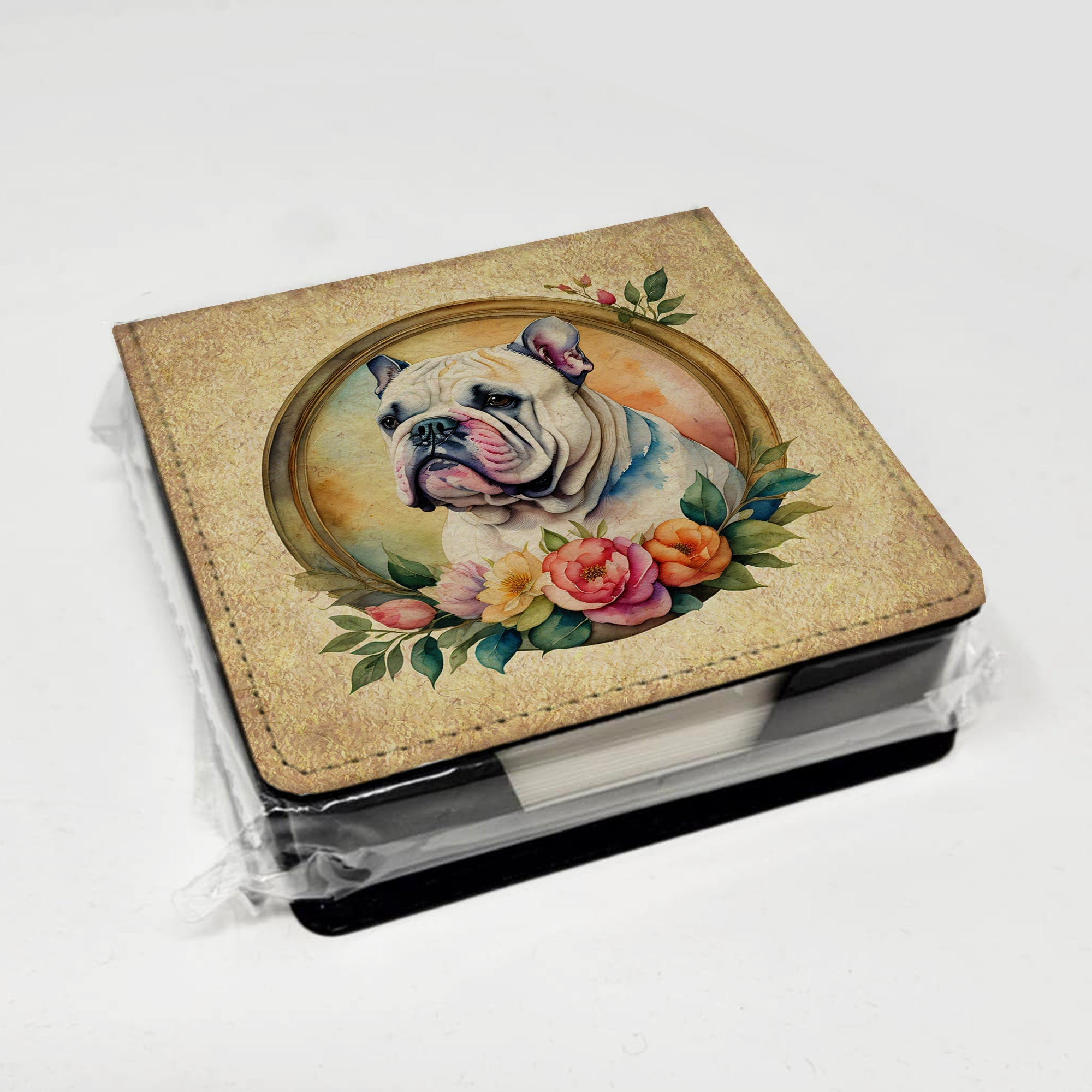 English Bulldog and Flowers PU Leather Note Paper Holder with Artist-Designed Cover, Desk Accessory, Office Gift
