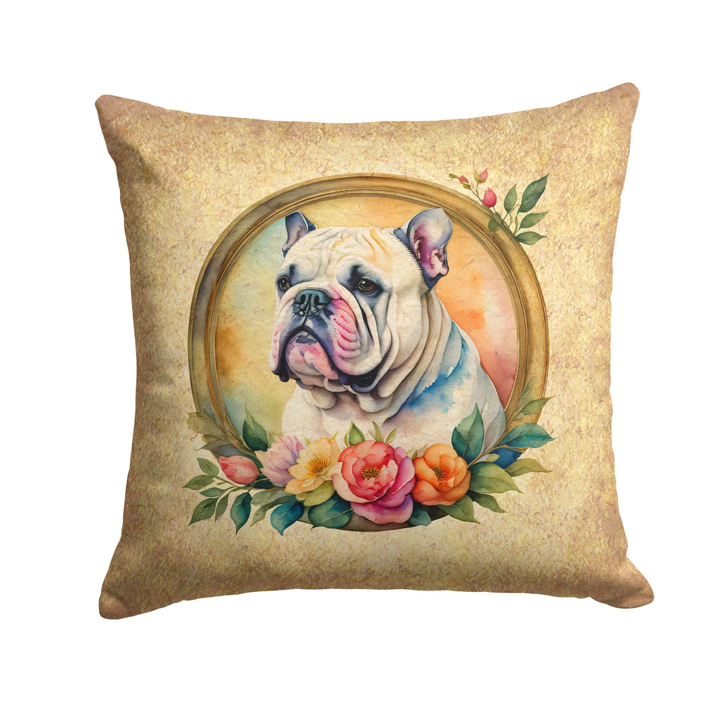 English Bulldog and Flowers Decorative Throw Pillow 14x14 Indoor Outdoor Accent Cushion, Fabric Cover with Insert for Sofa, Bed, Porch & Living Room