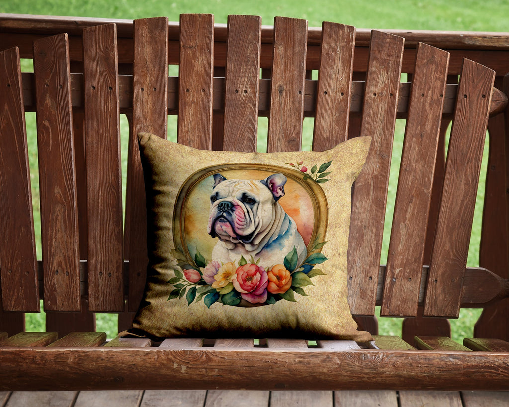 English Bulldog and Flowers Decorative Throw Pillow 14x14 Indoor Outdoor Accent Cushion, Fabric Cover with Insert for Sofa, Bed, Porch & Living Room