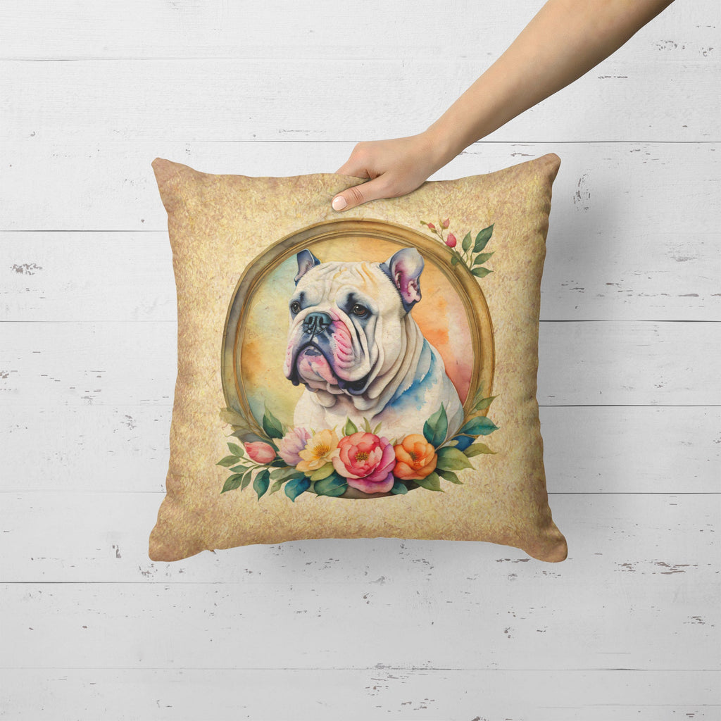 English Bulldog and Flowers Decorative Throw Pillow 18x18 Indoor Outdoor Accent Cushion, Fabric Cover with Insert for Sofa, Bed, Porch & Living Room