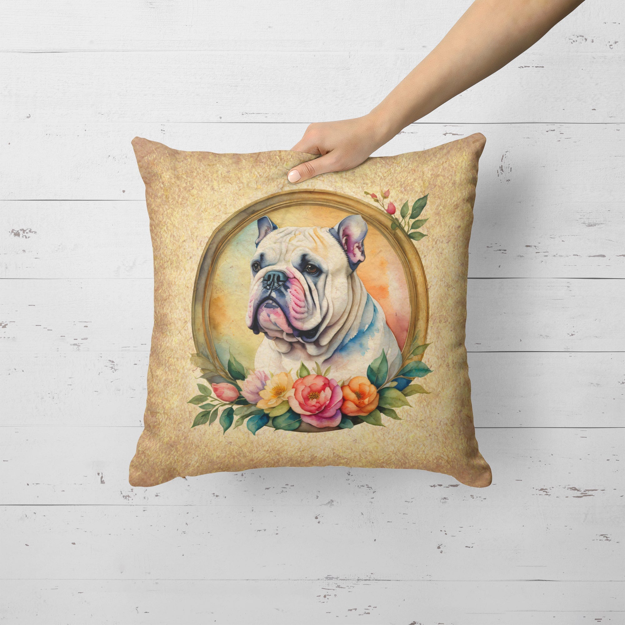 English Bulldog and Flowers Decorative Throw Pillow 18x18 Indoor Outdoor Accent Cushion, Fabric Cover with Insert for Sofa, Bed, Porch & Living Room