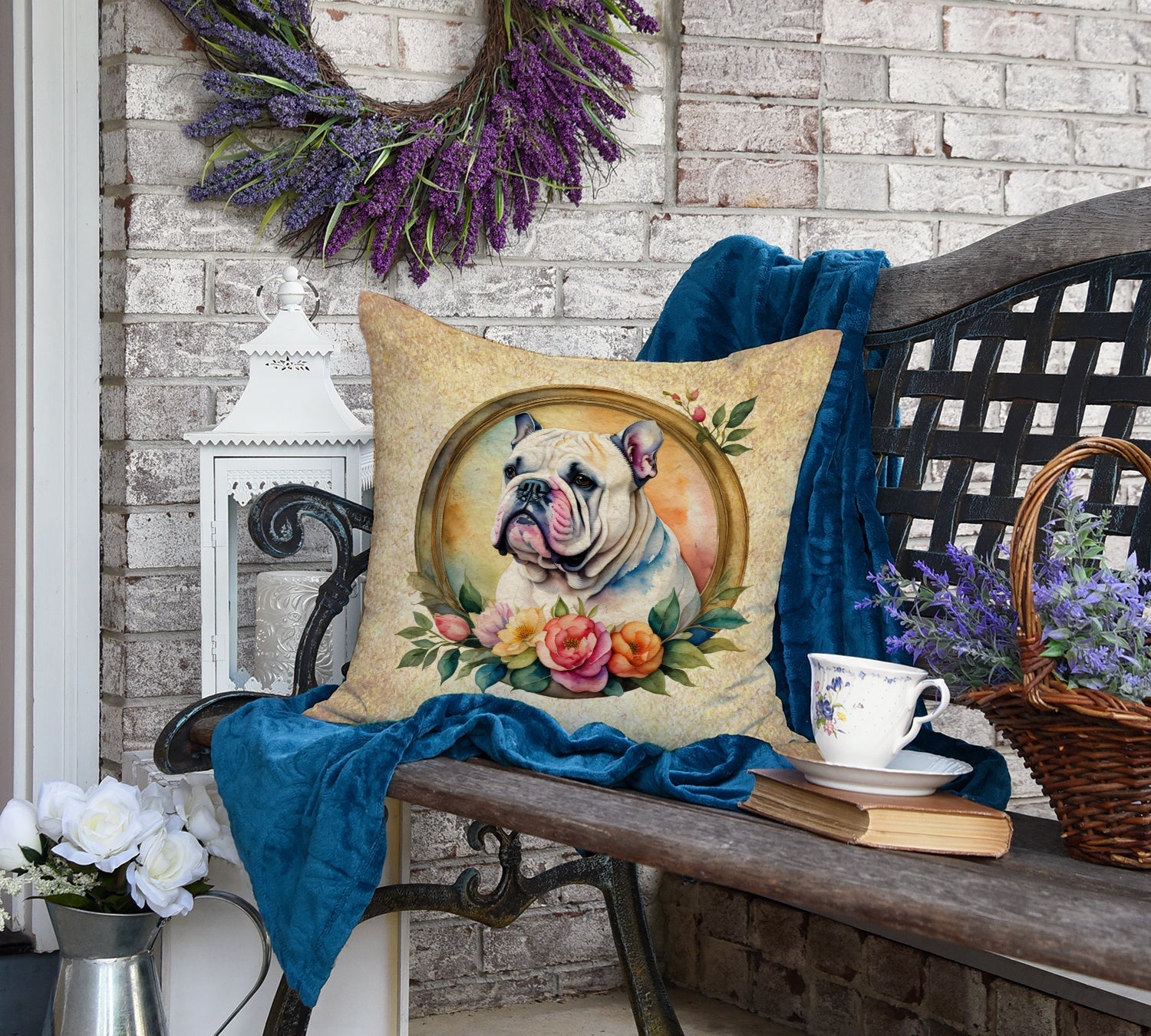 English Bulldog and Flowers Decorative Throw Pillow 18x18 Indoor Outdoor Accent Cushion, Fabric Cover with Insert for Sofa, Bed, Porch & Living Room