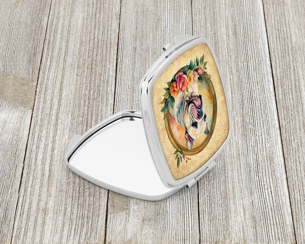 English Bulldog and Flowers Compact Mirror Decorative Travel Makeup Mirror for Women Girls Gifts Pocket Makeup Mirror Folding Handheld