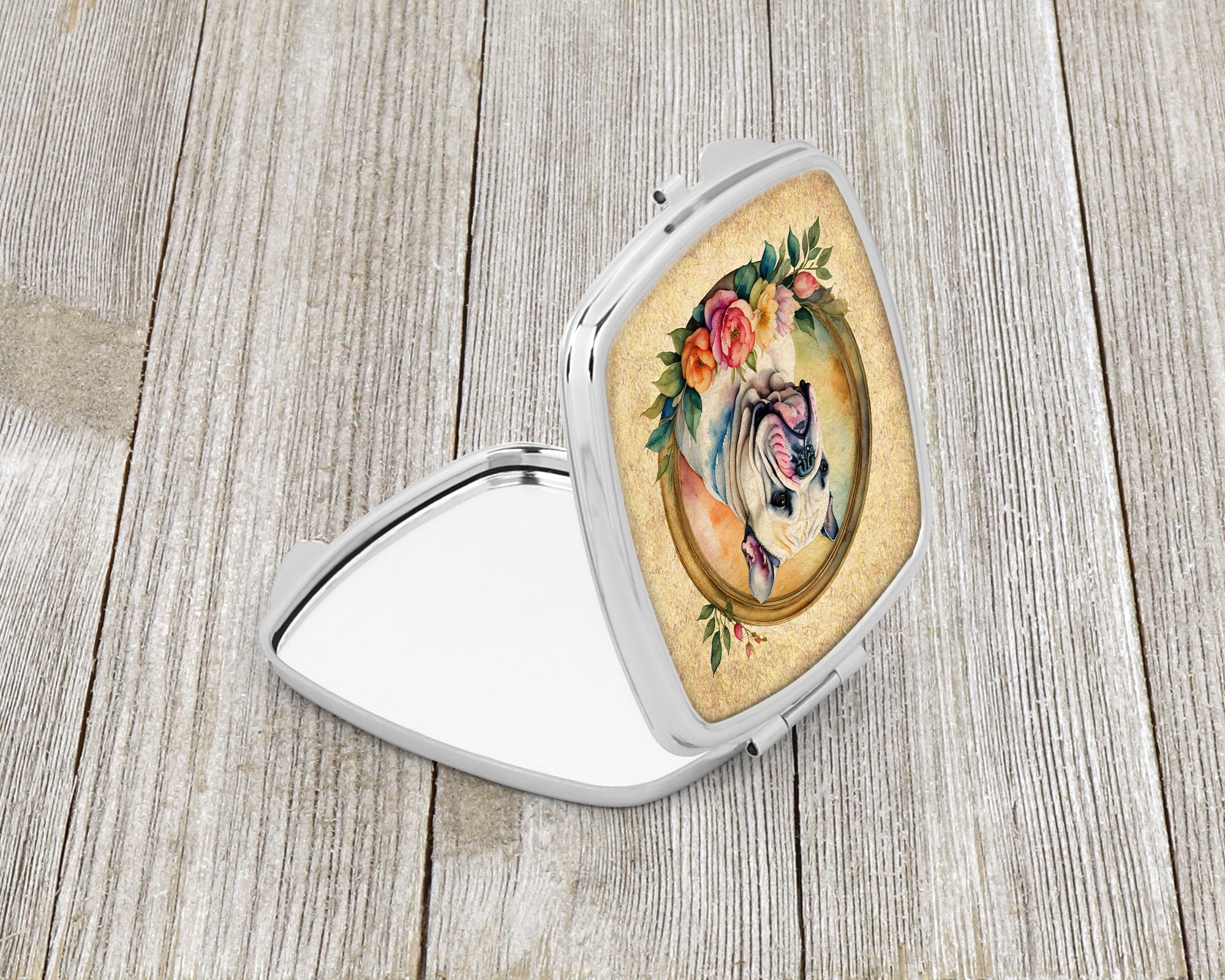 English Bulldog and Flowers Compact Mirror Decorative Travel Makeup Mirror for Women Girls Gifts Pocket Makeup Mirror Folding Handheld