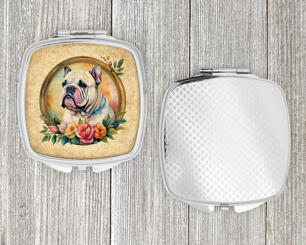 English Bulldog and Flowers Compact Mirror Decorative Travel Makeup Mirror for Women Girls Gifts Pocket Makeup Mirror Folding Handheld