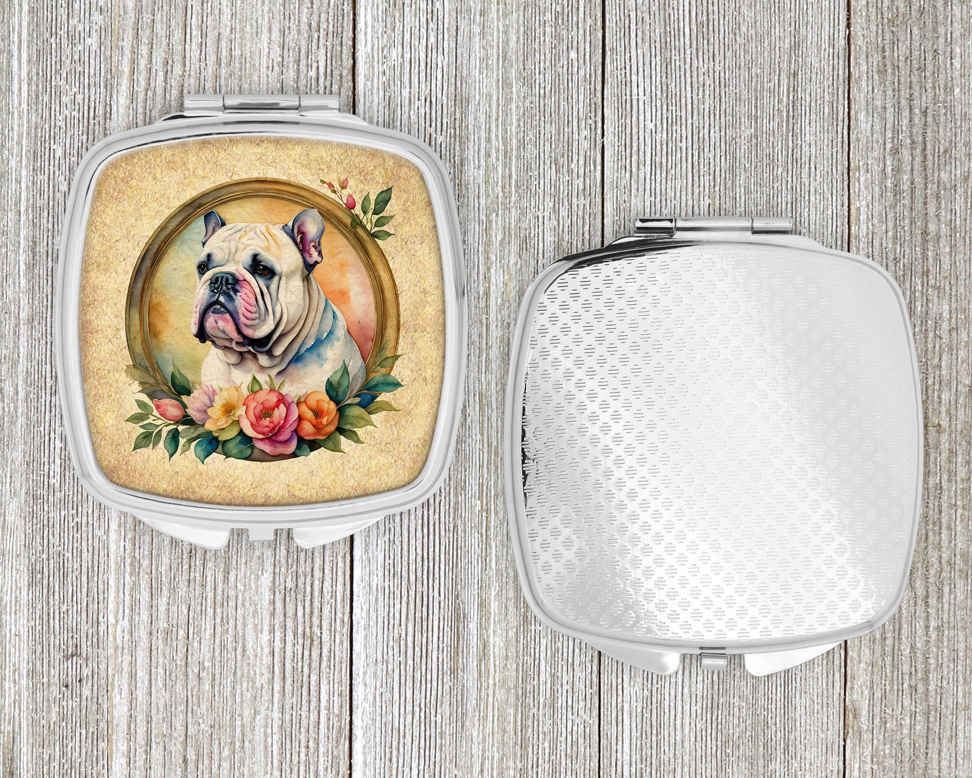 English Bulldog and Flowers Compact Mirror Decorative Travel Makeup Mirror for Women Girls Gifts Pocket Makeup Mirror Folding Handheld