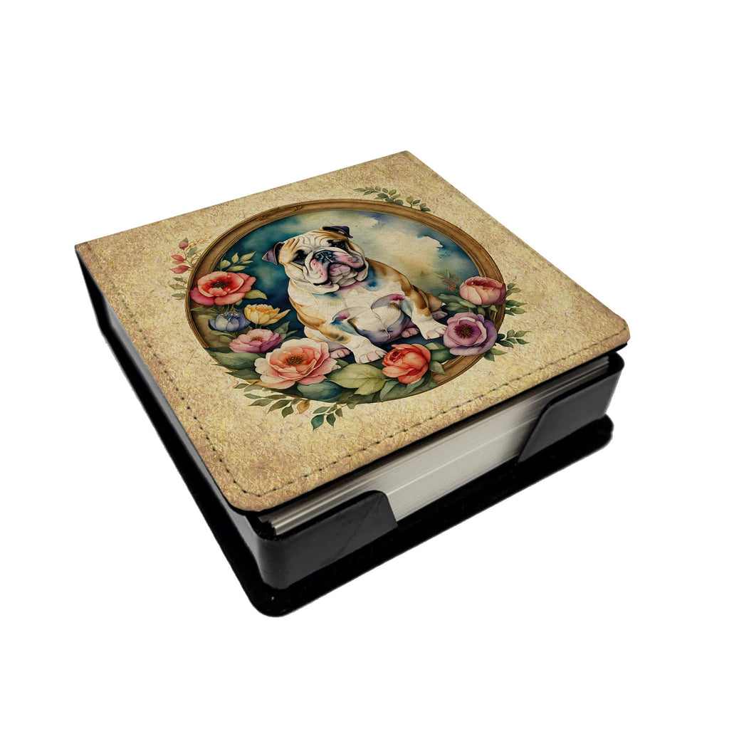 English Bulldog and Flowers PU Leather Note Paper Holder with Artist-Designed Cover, Desk Accessory, Office Gift