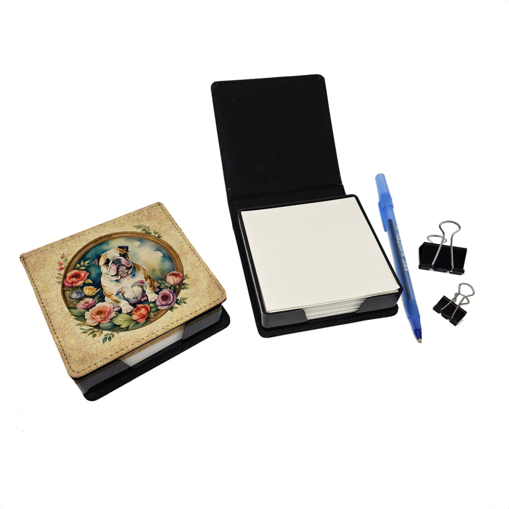 English Bulldog and Flowers PU Leather Note Paper Holder with Artist-Designed Cover, Desk Accessory, Office Gift