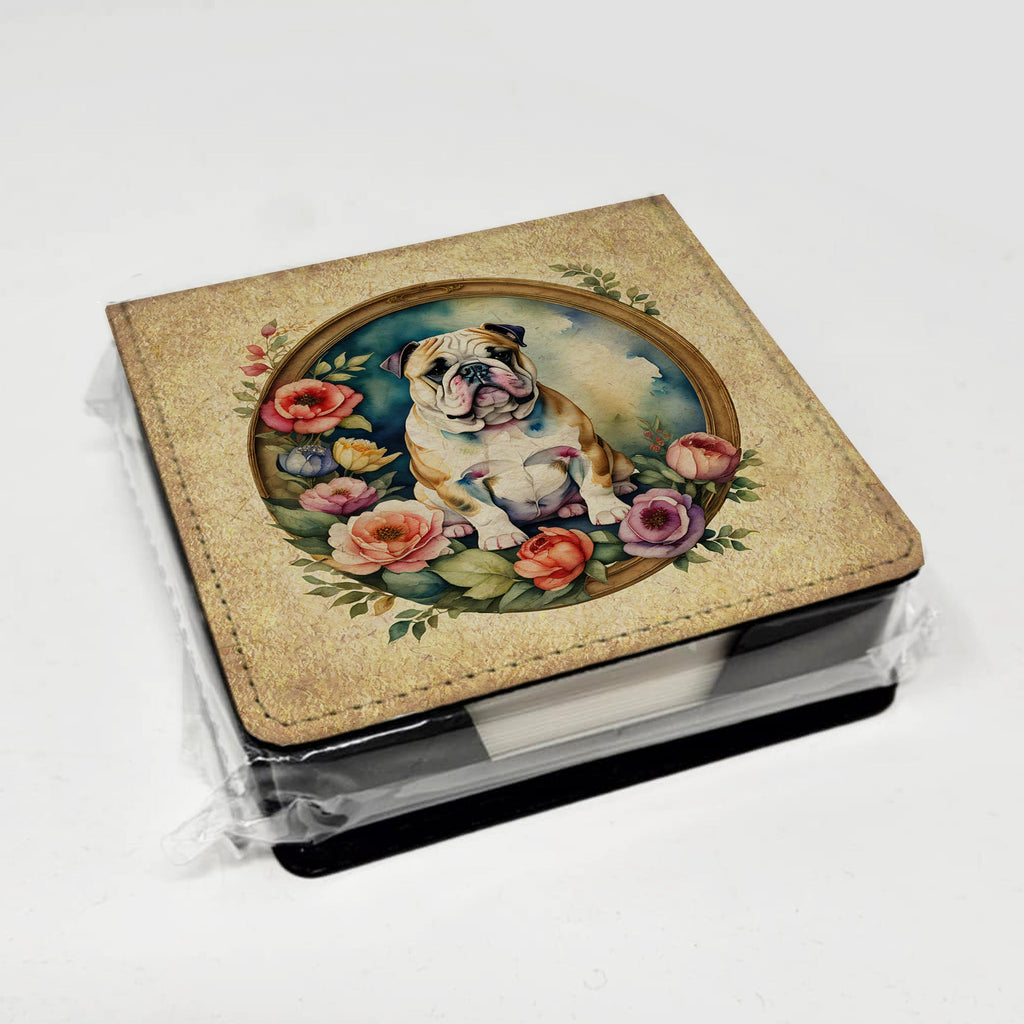 English Bulldog and Flowers PU Leather Note Paper Holder with Artist-Designed Cover, Desk Accessory, Office Gift