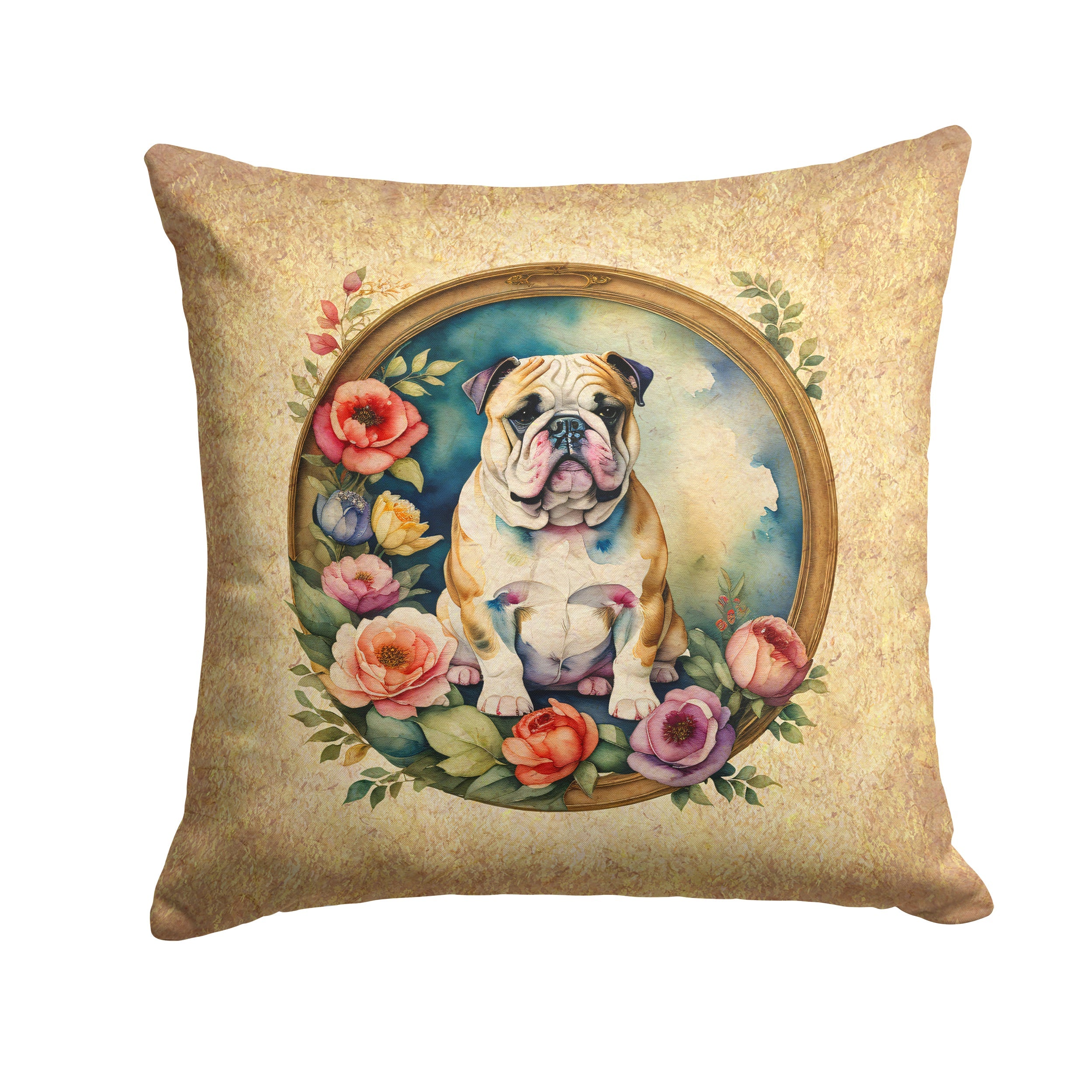 English Bulldog and Flowers Decorative Throw Pillow 14x14 Indoor Outdoor Accent Cushion, Fabric Cover with Insert for Sofa, Bed, Porch & Living Room