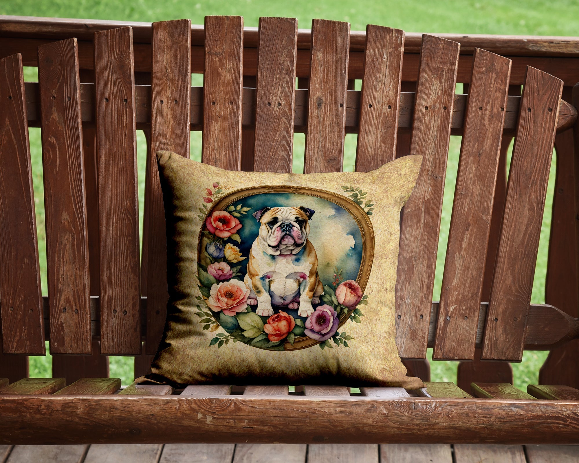 English Bulldog and Flowers Decorative Throw Pillow 14x14 Indoor Outdoor Accent Cushion, Fabric Cover with Insert for Sofa, Bed, Porch & Living Room