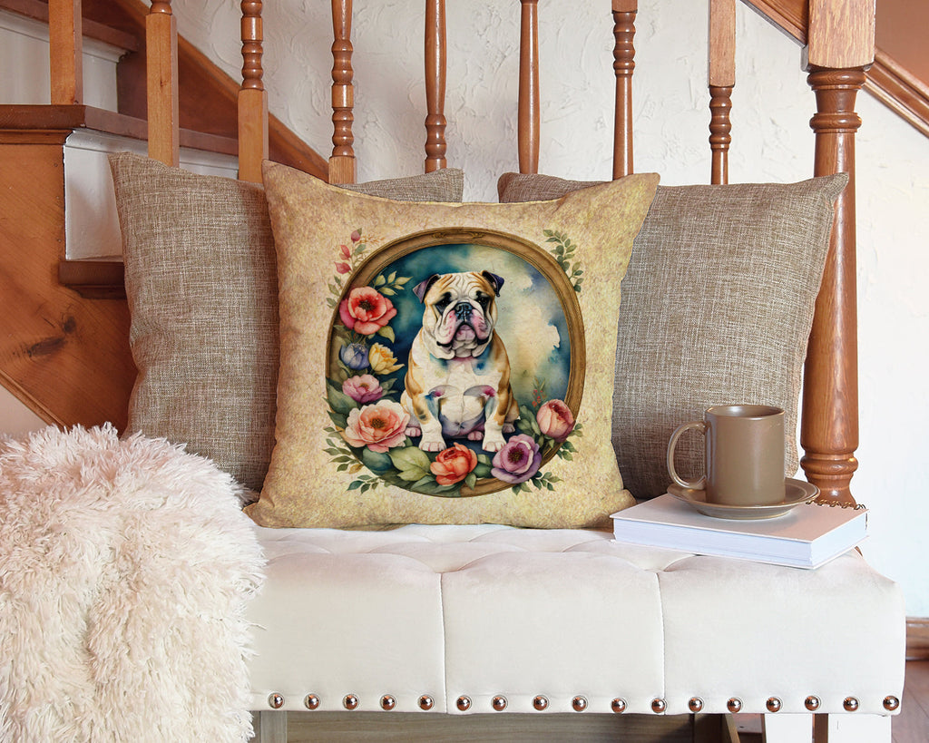 English Bulldog and Flowers Decorative Throw Pillow 14x14 Indoor Outdoor Accent Cushion, Fabric Cover with Insert for Sofa, Bed, Porch & Living Room