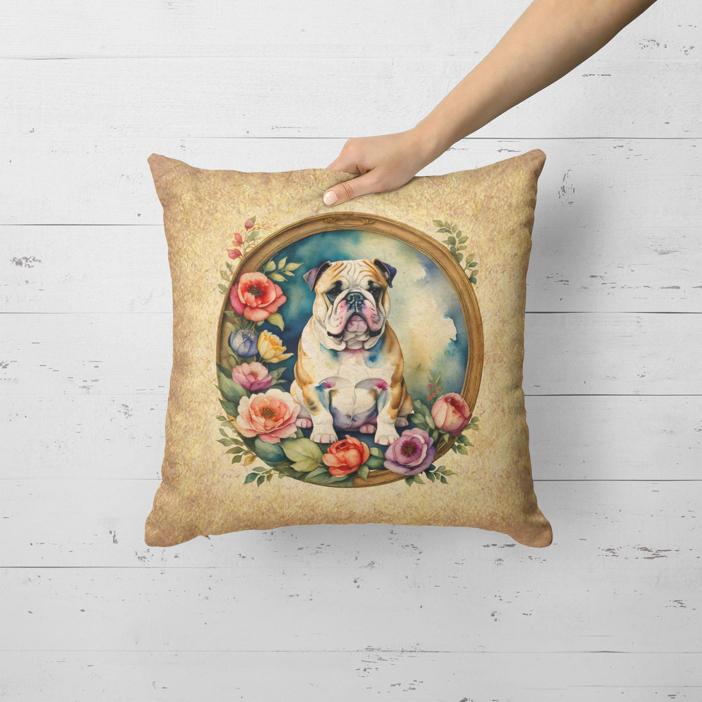 English Bulldog and Flowers Decorative Throw Pillow 18x18 Indoor Outdoor Accent Cushion, Fabric Cover with Insert for Sofa, Bed, Porch & Living Room