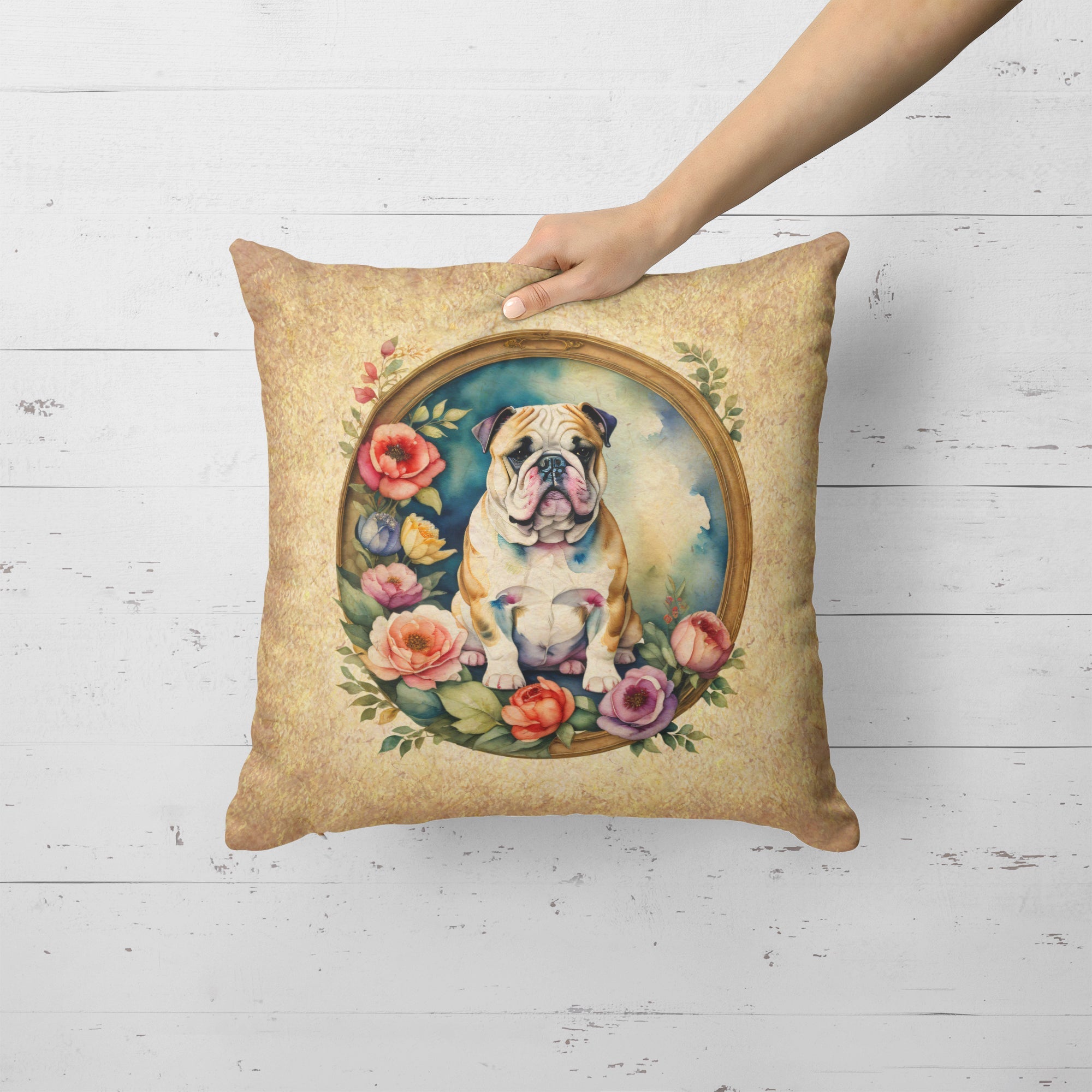 English Bulldog and Flowers Decorative Throw Pillow 18x18 Indoor Outdoor Accent Cushion, Fabric Cover with Insert for Sofa, Bed, Porch & Living Room