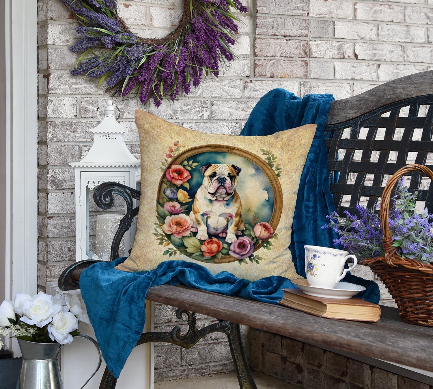 English Bulldog and Flowers Decorative Throw Pillow 18x18 Indoor Outdoor Accent Cushion, Fabric Cover with Insert for Sofa, Bed, Porch & Living Room