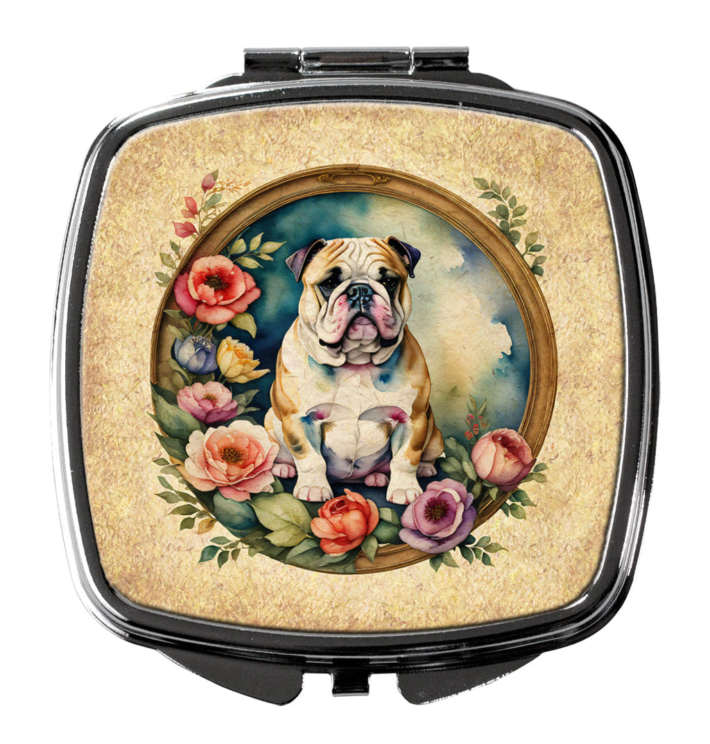 English Bulldog and Flowers Compact Mirror Decorative Travel Makeup Mirror for Women Girls Gifts Pocket Makeup Mirror Folding Handheld