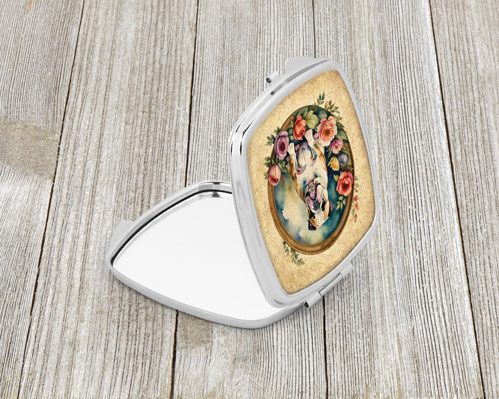 English Bulldog and Flowers Compact Mirror Decorative Travel Makeup Mirror for Women Girls Gifts Pocket Makeup Mirror Folding Handheld