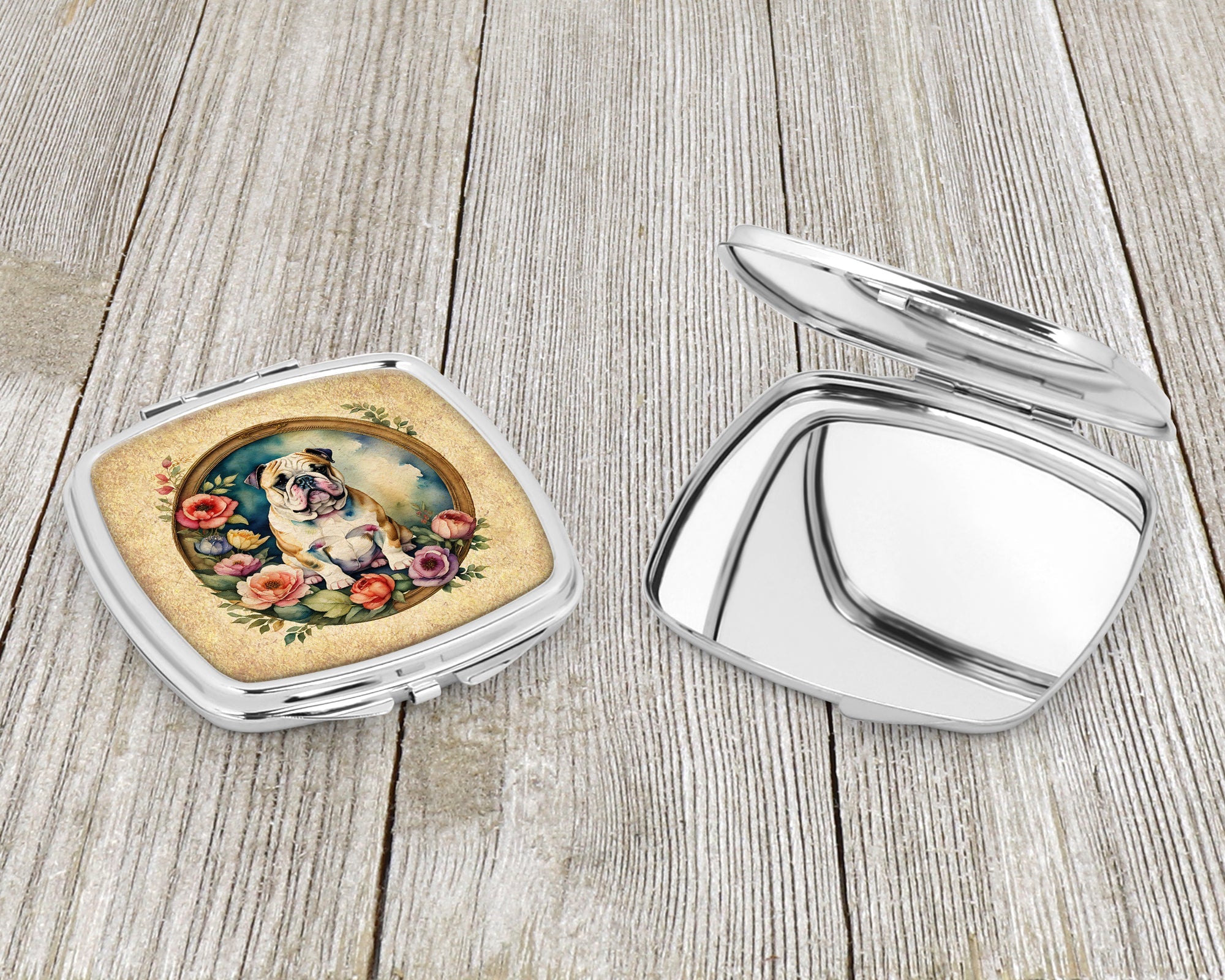 English Bulldog and Flowers Compact Mirror Decorative Travel Makeup Mirror for Women Girls Gifts Pocket Makeup Mirror Folding Handheld