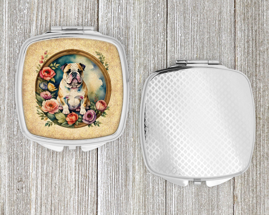 English Bulldog and Flowers Compact Mirror Decorative Travel Makeup Mirror for Women Girls Gifts Pocket Makeup Mirror Folding Handheld