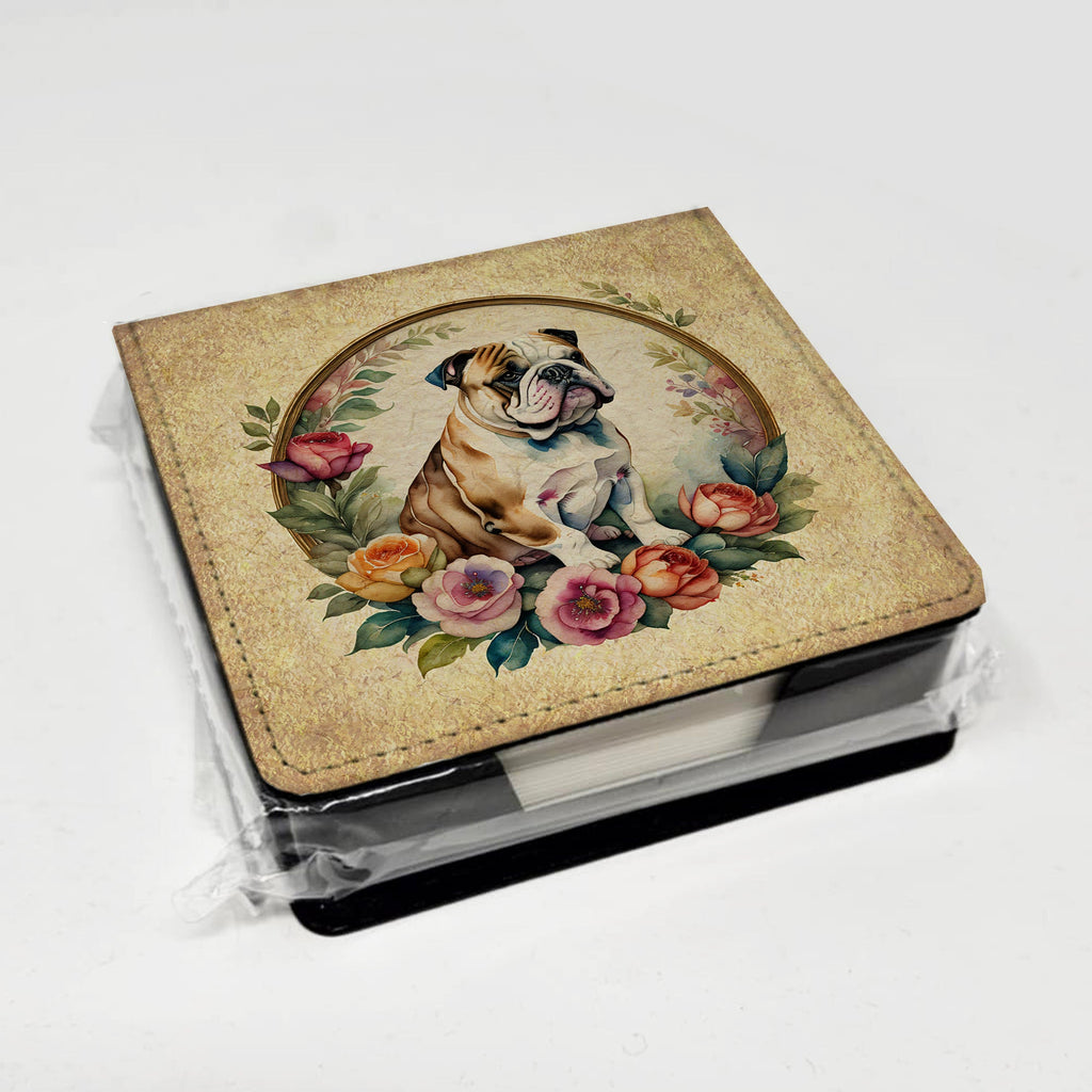 English Bulldog and Flowers PU Leather Note Paper Holder with Artist-Designed Cover, Desk Accessory, Office Gift