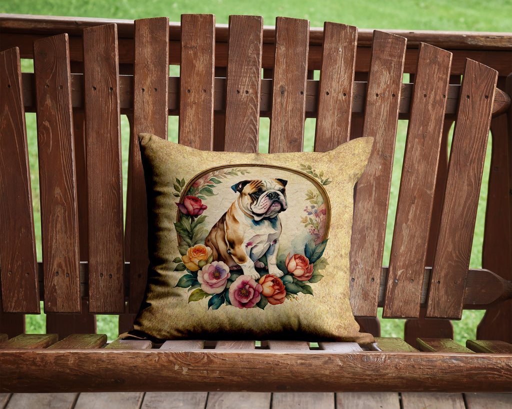 English Bulldog and Flowers Decorative Throw Pillow 14x14 Indoor Outdoor Accent Cushion, Fabric Cover with Insert for Sofa, Bed, Porch & Living Room