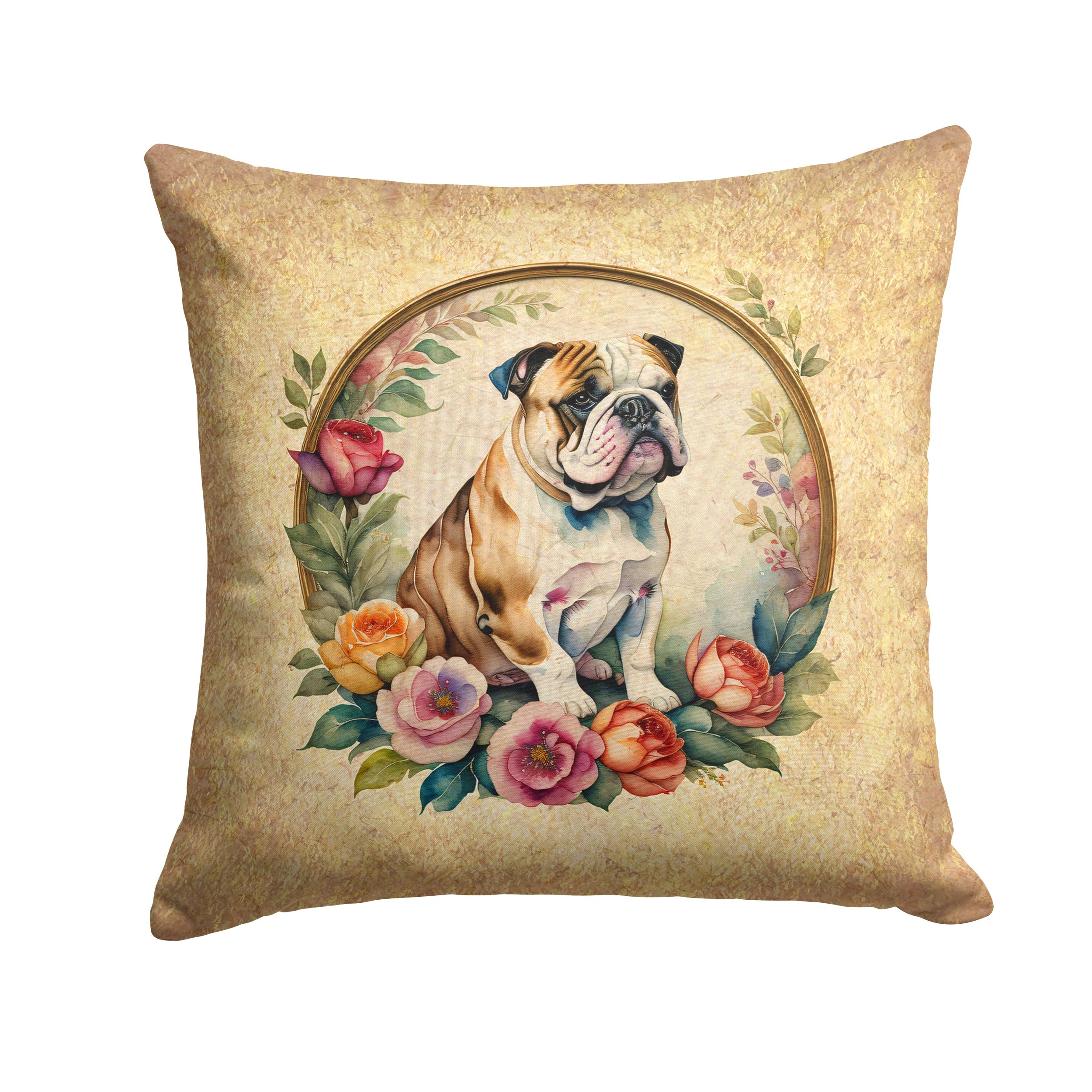 English Bulldog and Flowers Decorative Throw Pillow 18x18 Indoor Outdoor Accent Cushion, Fabric Cover with Insert for Sofa, Bed, Porch & Living Room