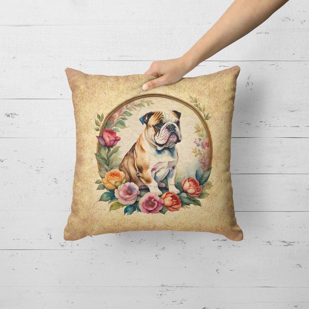 English Bulldog and Flowers Decorative Throw Pillow 18x18 Indoor Outdoor Accent Cushion, Fabric Cover with Insert for Sofa, Bed, Porch & Living Room