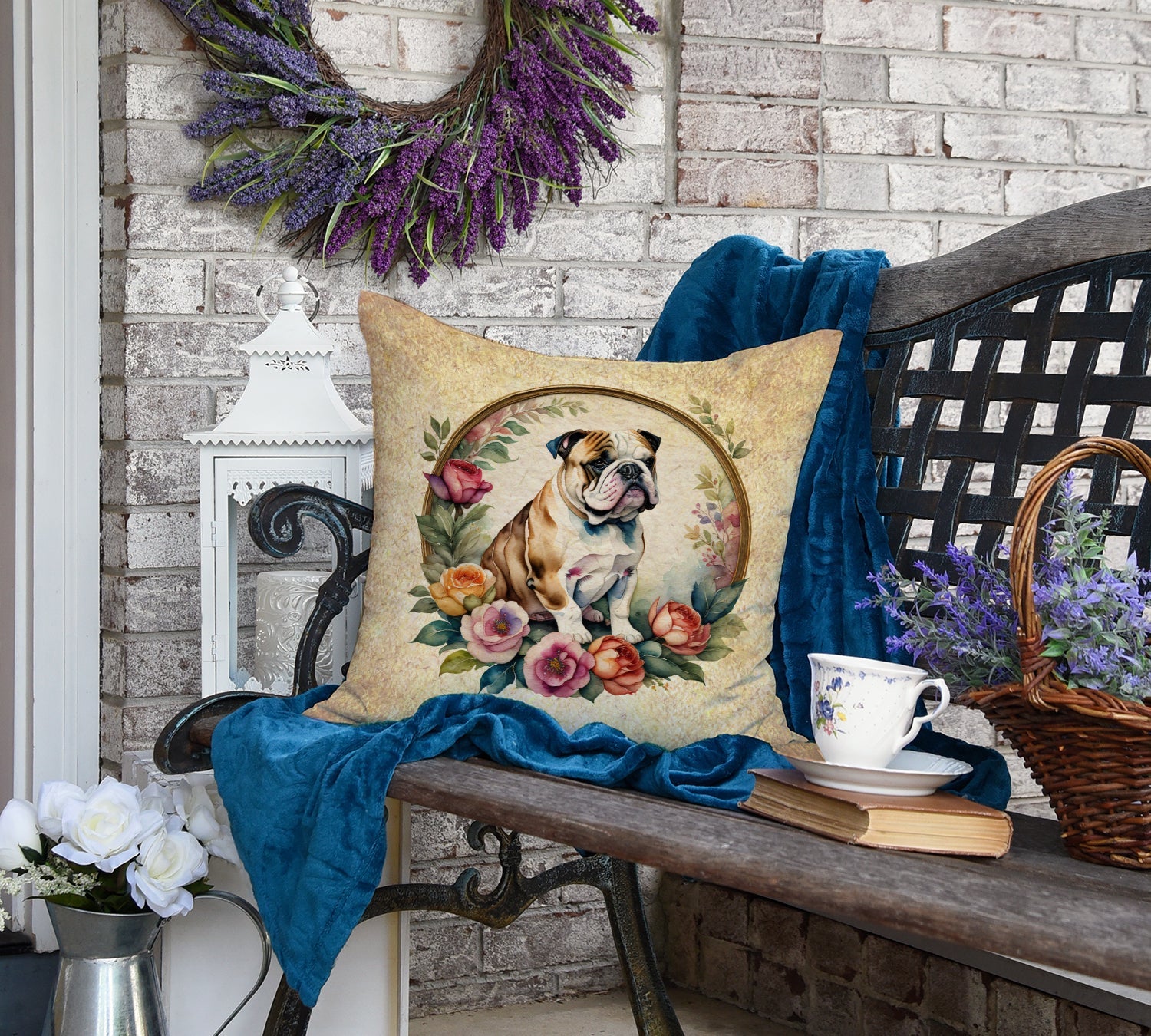 English Bulldog and Flowers Decorative Throw Pillow 18x18 Indoor Outdoor Accent Cushion, Fabric Cover with Insert for Sofa, Bed, Porch & Living Room