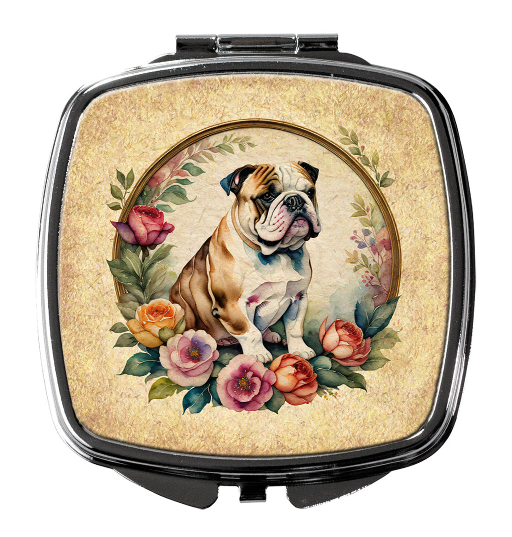 English Bulldog and Flowers Compact Mirror Decorative Travel Makeup Mirror for Women Girls Gifts Pocket Makeup Mirror Folding Handheld