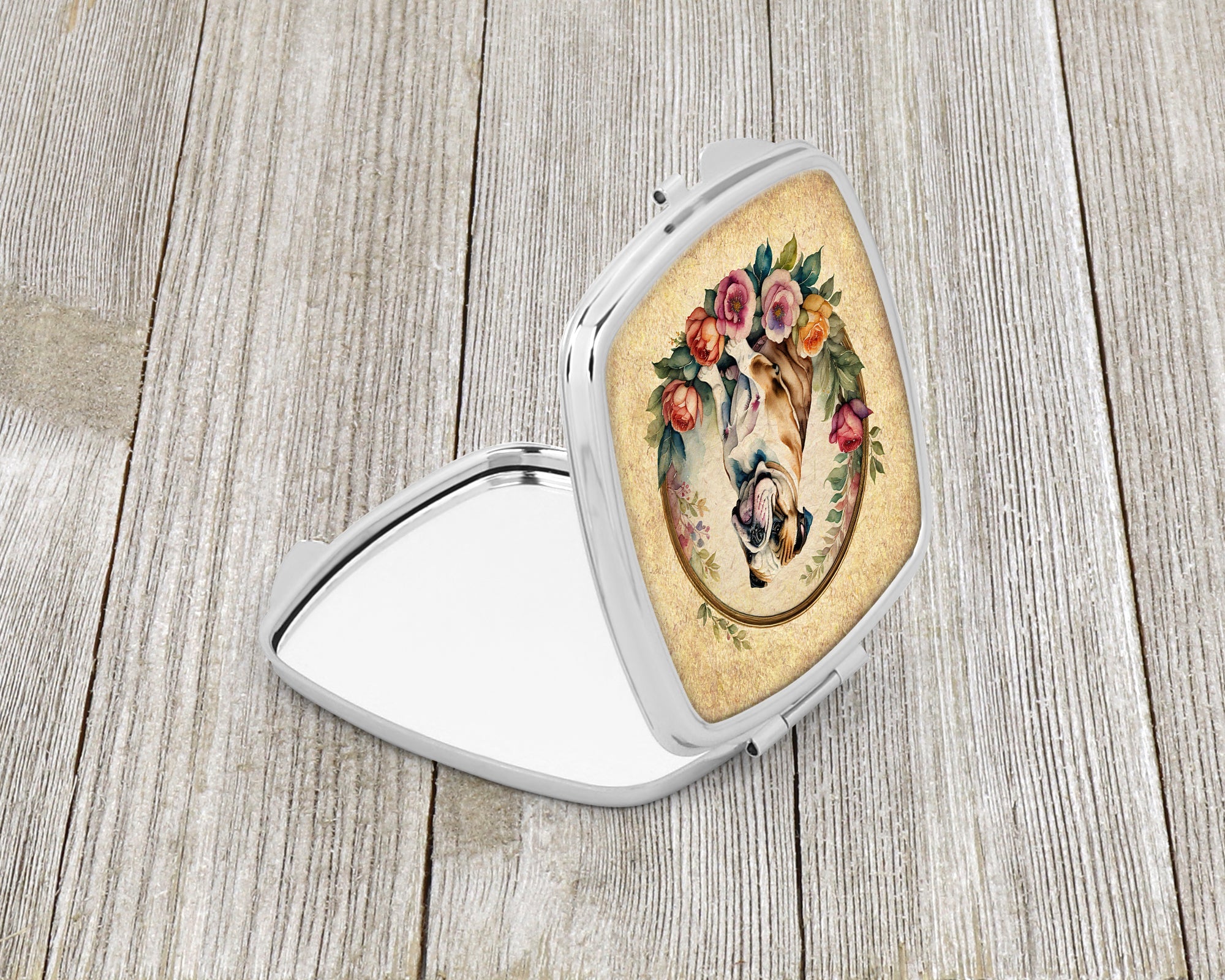 English Bulldog and Flowers Compact Mirror Decorative Travel Makeup Mirror for Women Girls Gifts Pocket Makeup Mirror Folding Handheld