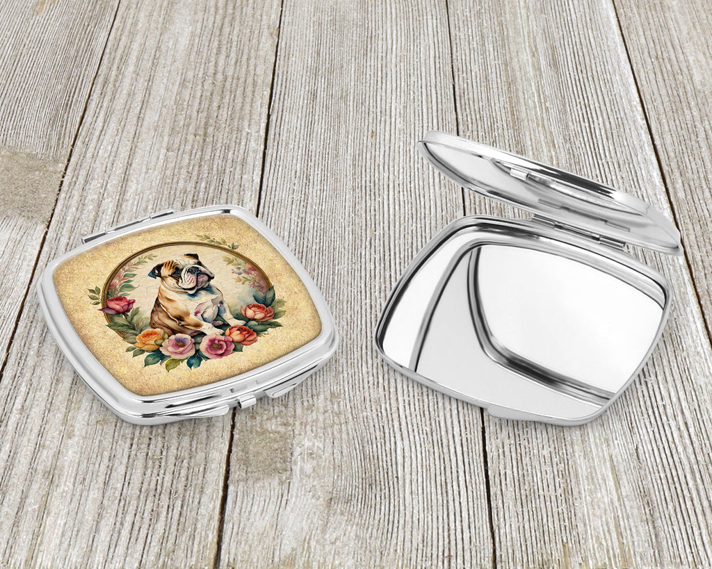 English Bulldog and Flowers Compact Mirror Decorative Travel Makeup Mirror for Women Girls Gifts Pocket Makeup Mirror Folding Handheld